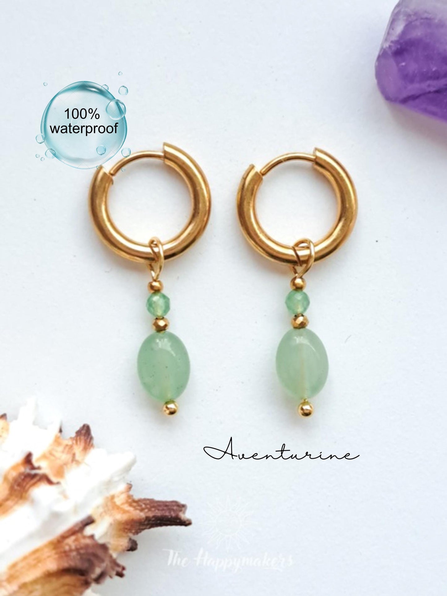 Edelsteen oorbellen, stainless steel, aventurijn, 100% waterproof, little hoops, bedeloorbellen, handgemaakt