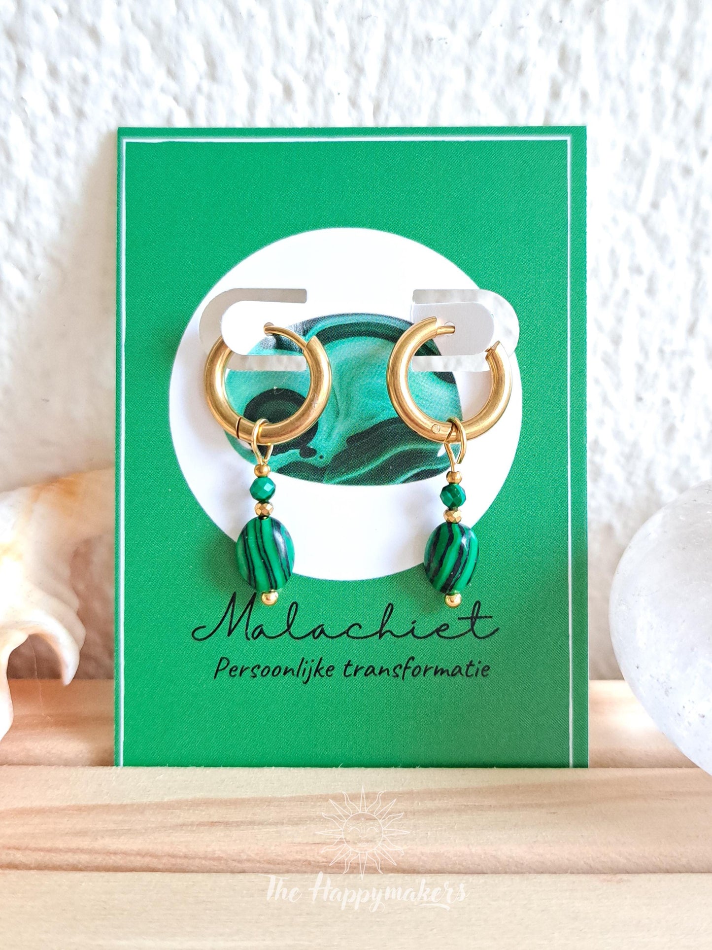 Edelsteen oorbellen, stainless steel, malachiet, 100% waterproof, little hoops, bedeloorbellen, handgemaakt