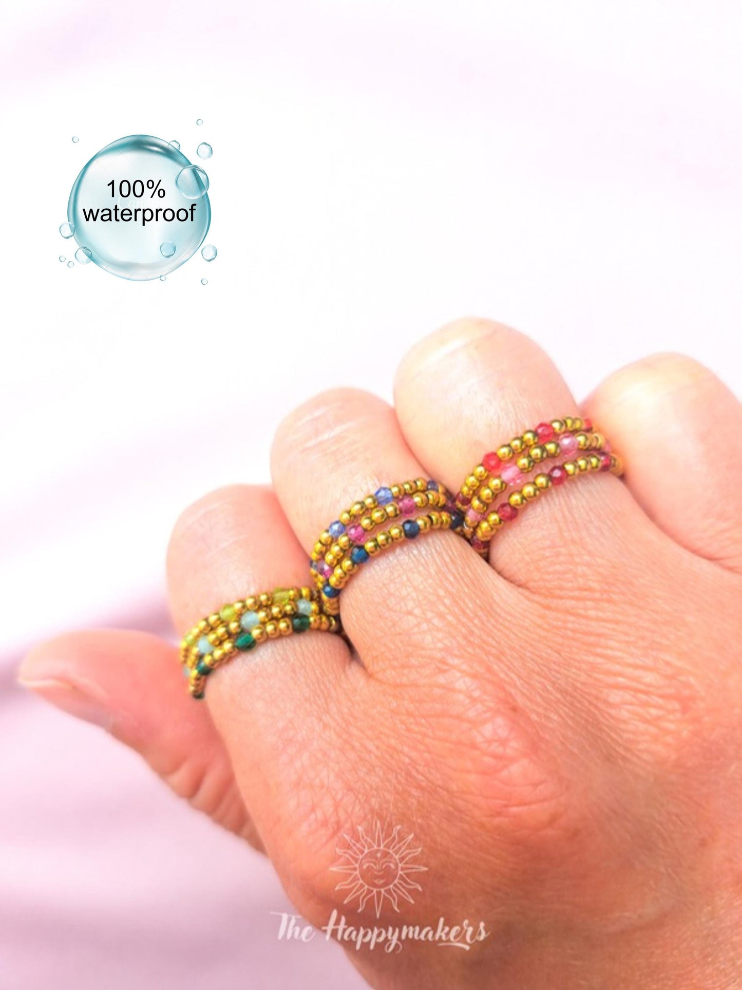 Kralen ring, 2mm stainless steel kralen & zirkoon gekleurde steentjes, elastische ring, 100% waterproof, stapelbare ringen,boho, goud
