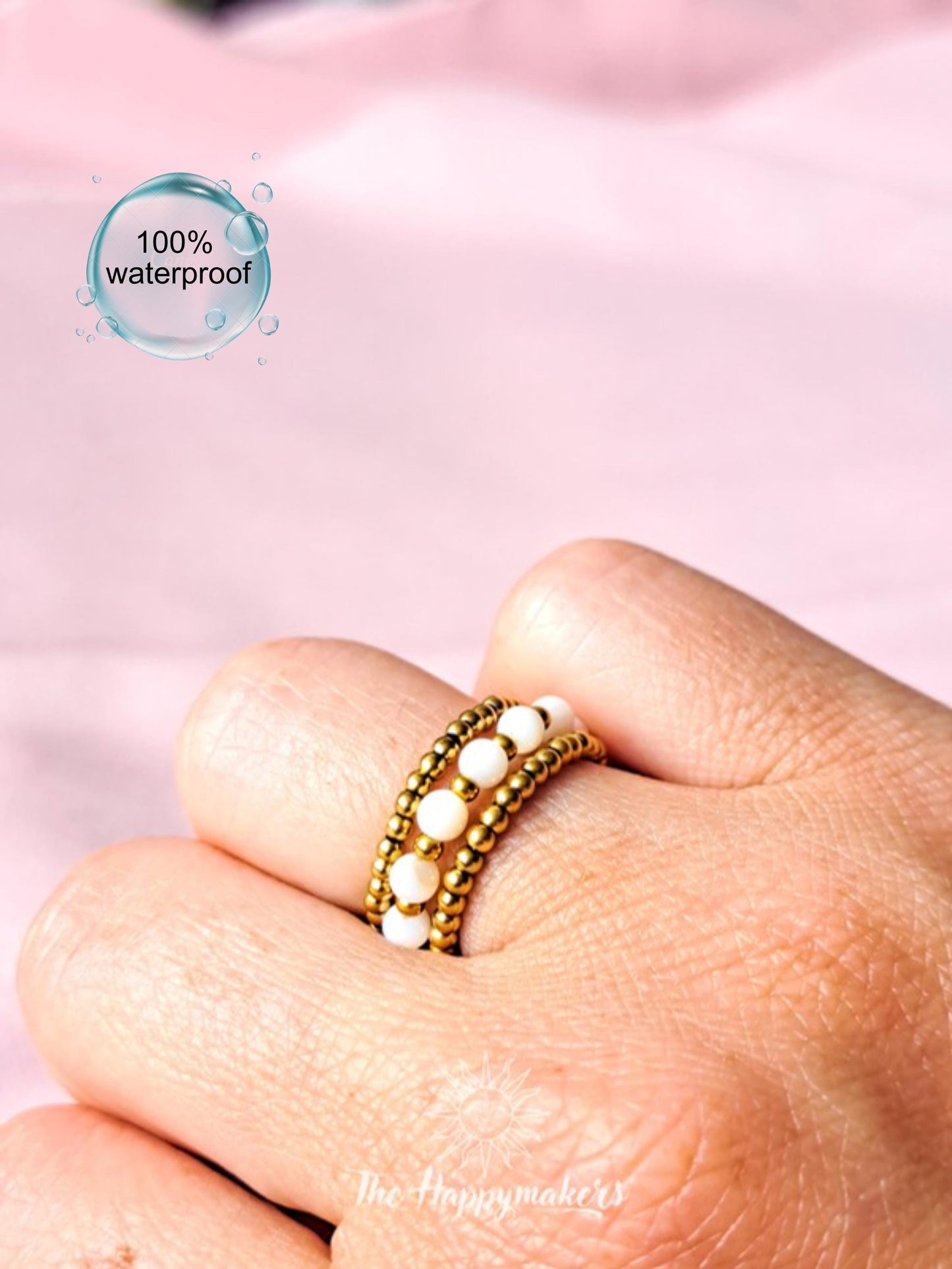 Kralen ring, 3 stuks, schelpkralen, 2mm stainless steel kralen, elastische ring, 100% waterproof, stapelbare ringen, onesize, boho, goud