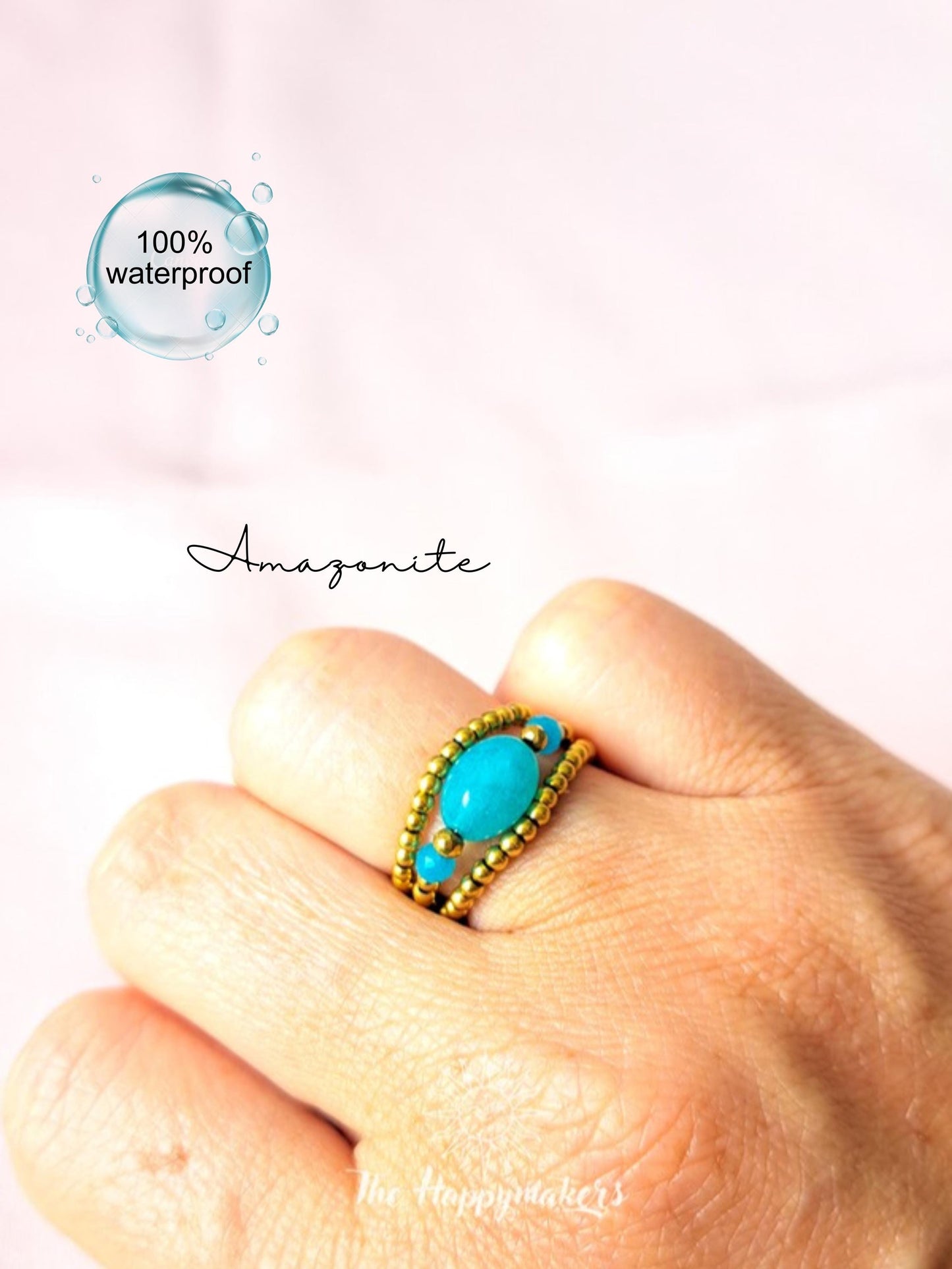 Edelsteen kralen ring, 3 stuks, amazoniet, 2mm stainless steel, elastische ring, 100% waterproof, stapelbare ringen, onesize, boho, goud