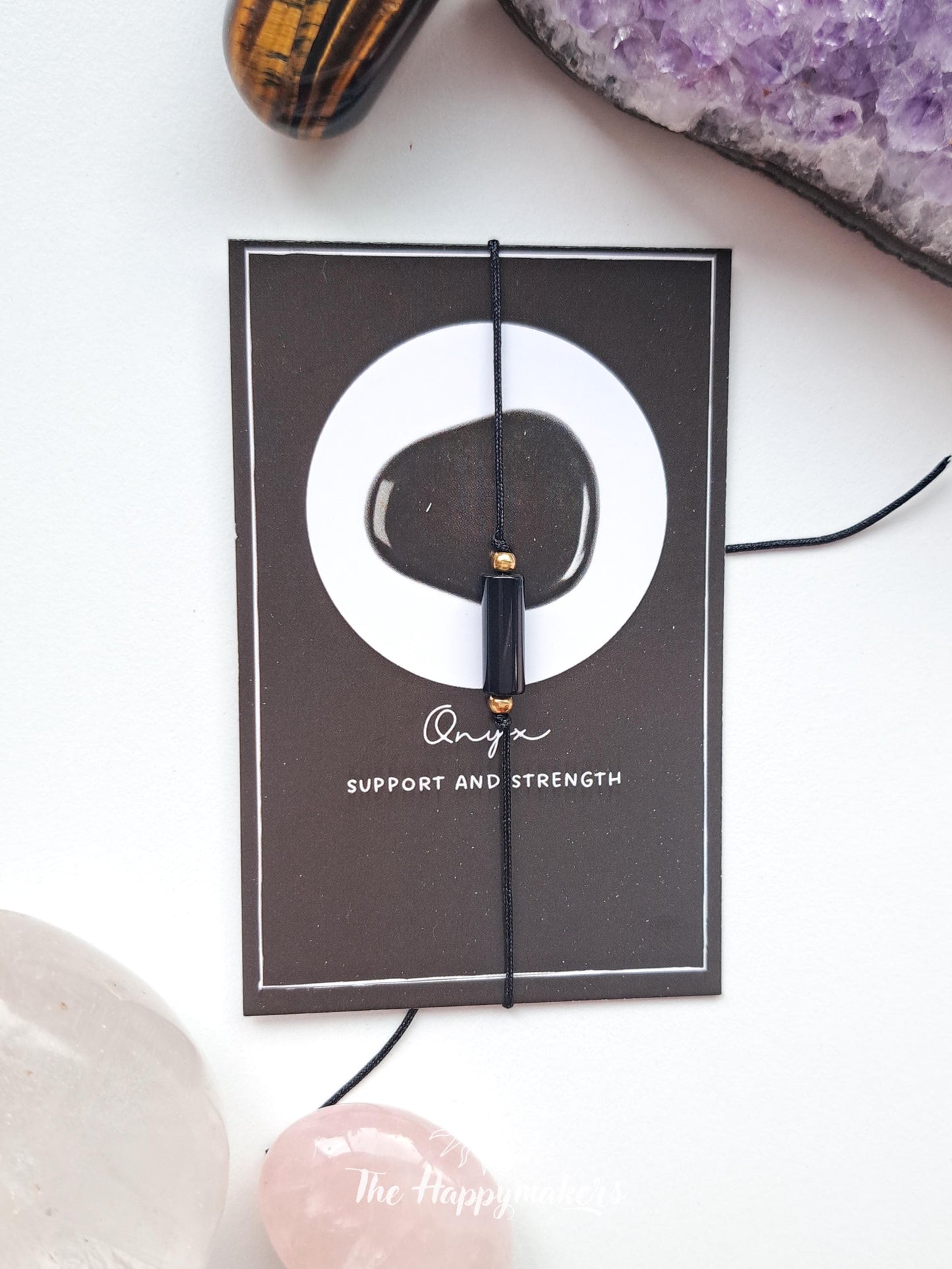 Wensarmbandje edelsteen, onyx, tube kraal, macramé armband, stainless steel, cadeaugeschenk, zakelijk geschenk, minimalistisch