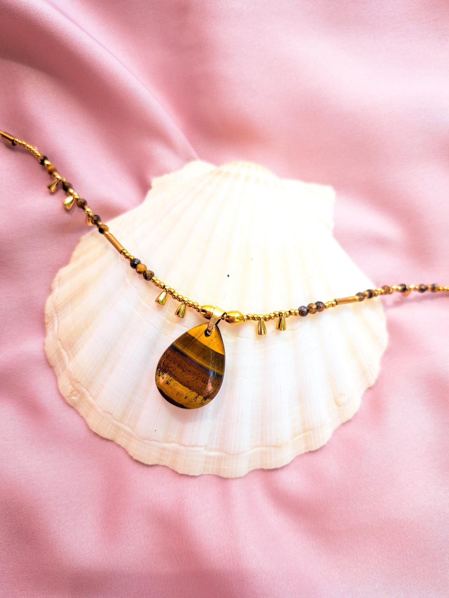 Kralen ketting boho met edelsteen, stainless steel, waterproof, handgemaakt, tijgeroog, zelfvertrouwen