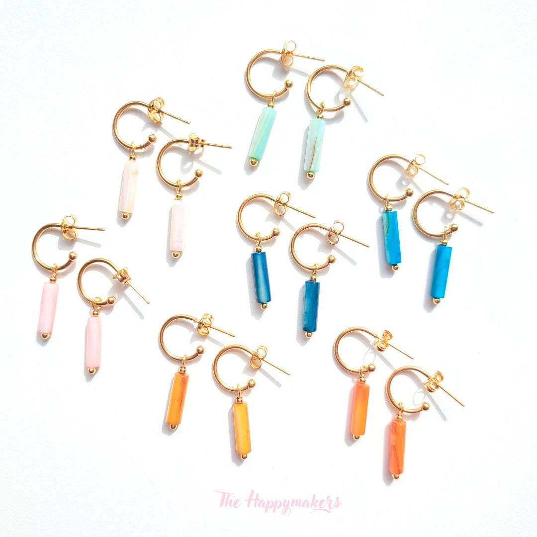 Oorbellen stainless steel, tube, 100% waterproof, schelpkralen, little hoops, bedeloorbellen, handgemaakt