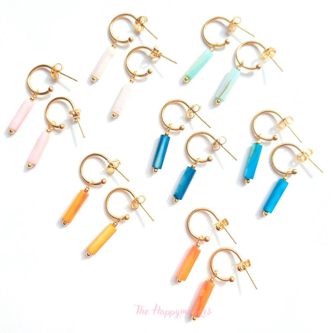 Oorbellen stainless steel, tube, 100% waterproof, schelpkralen, little hoops, bedeloorbellen, handgemaakt