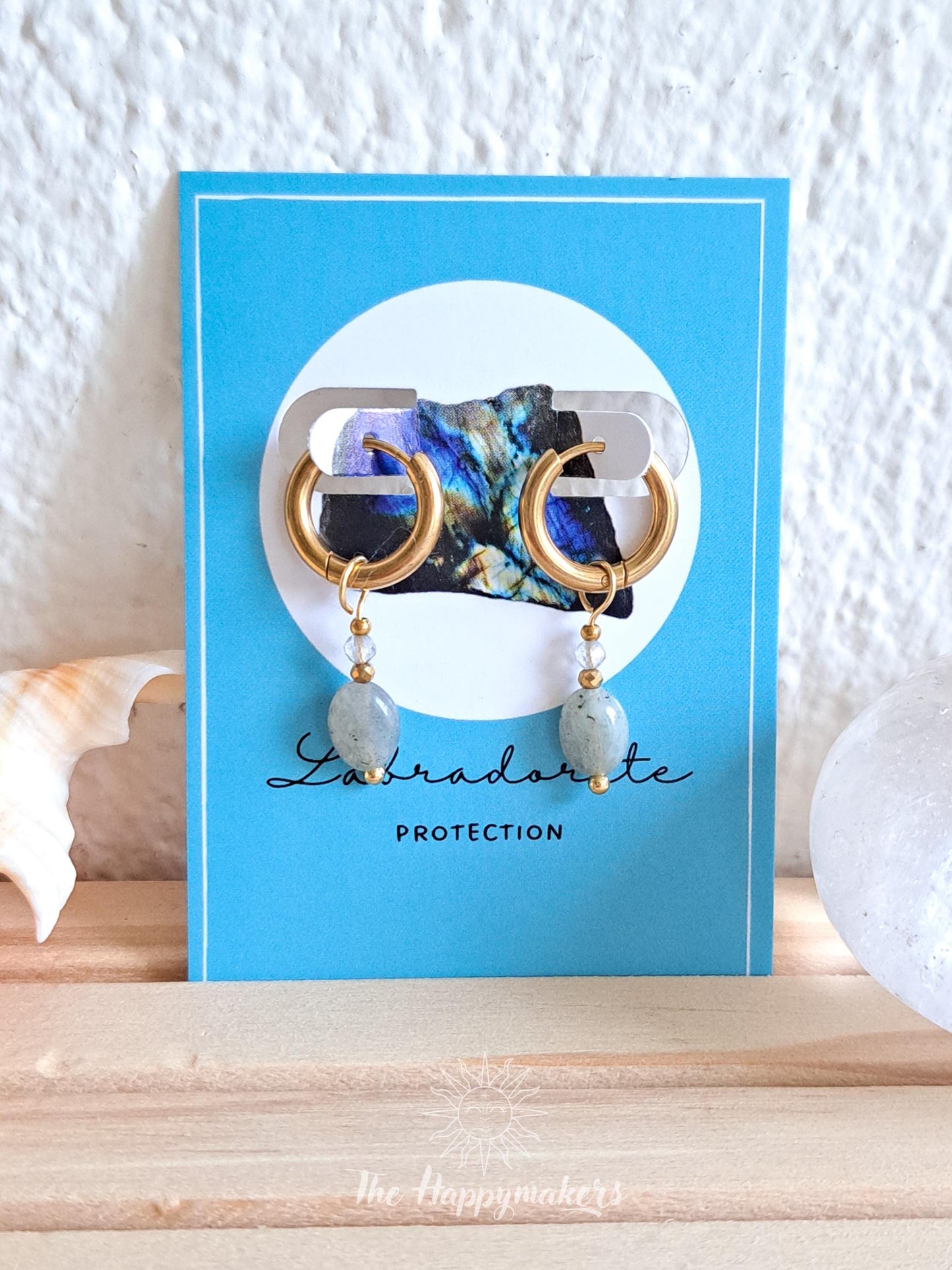 Edelsteen oorbellen, stainless steel, labradoriet, 100% waterproof, little hoops, bedeloorbellen, handgemaakt, bescherming