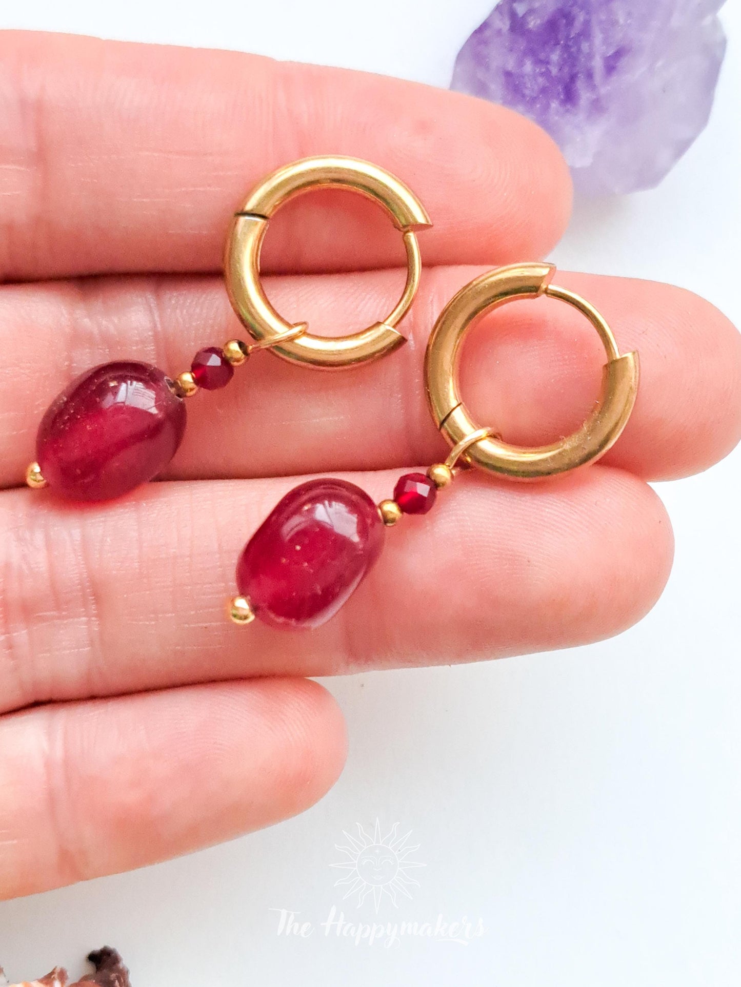Edelsteen oorbellen, stainless steel, natuursteen, 100% waterproof, little hoops, bedeloorbellen, handgemaakt
