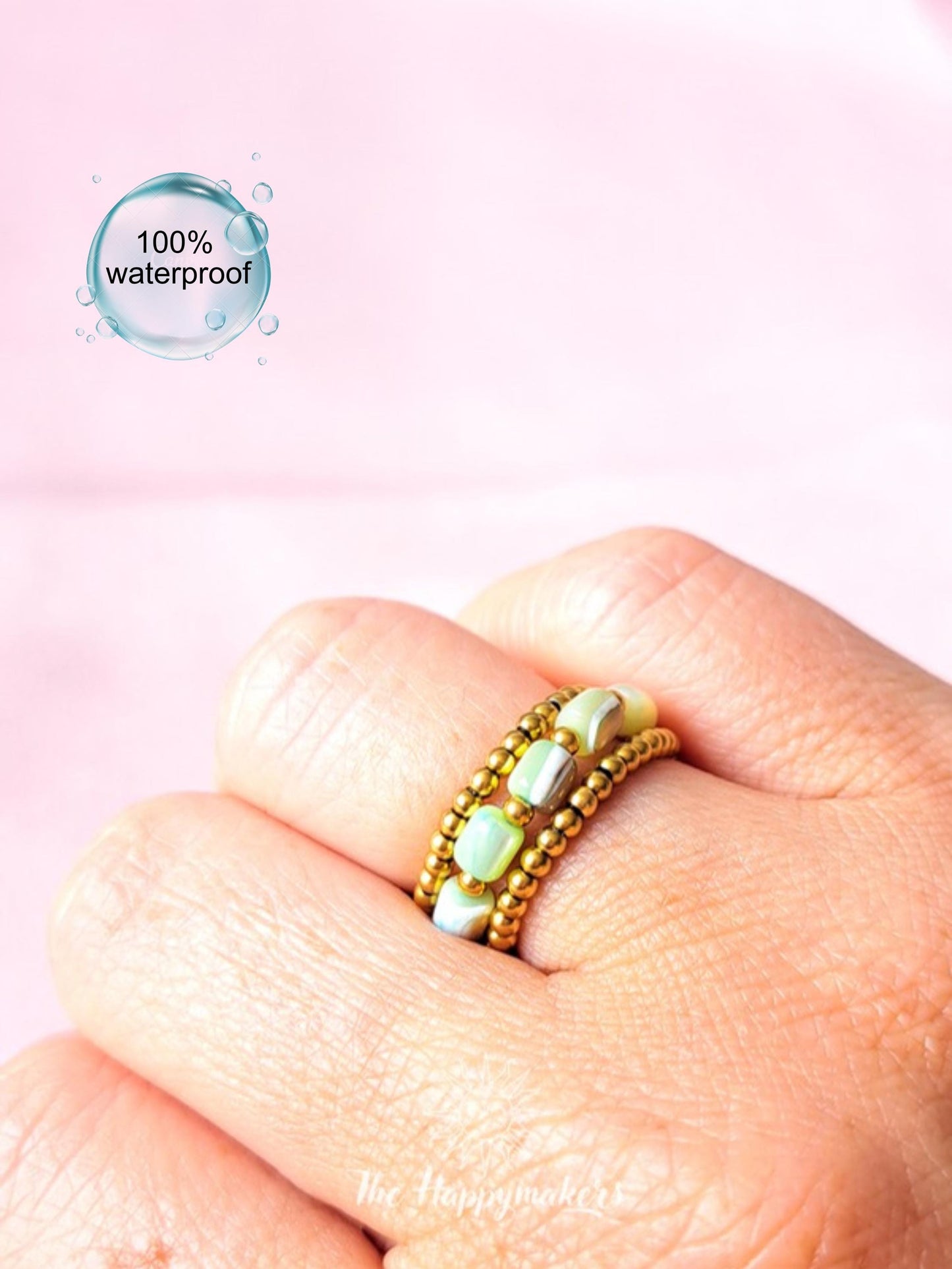Kralen ring, 3 stuks, schelpkralen, 2mm stainless steel kralen, elastische ring, 100% waterproof, stapelbare ringen, onesize, boho, goud