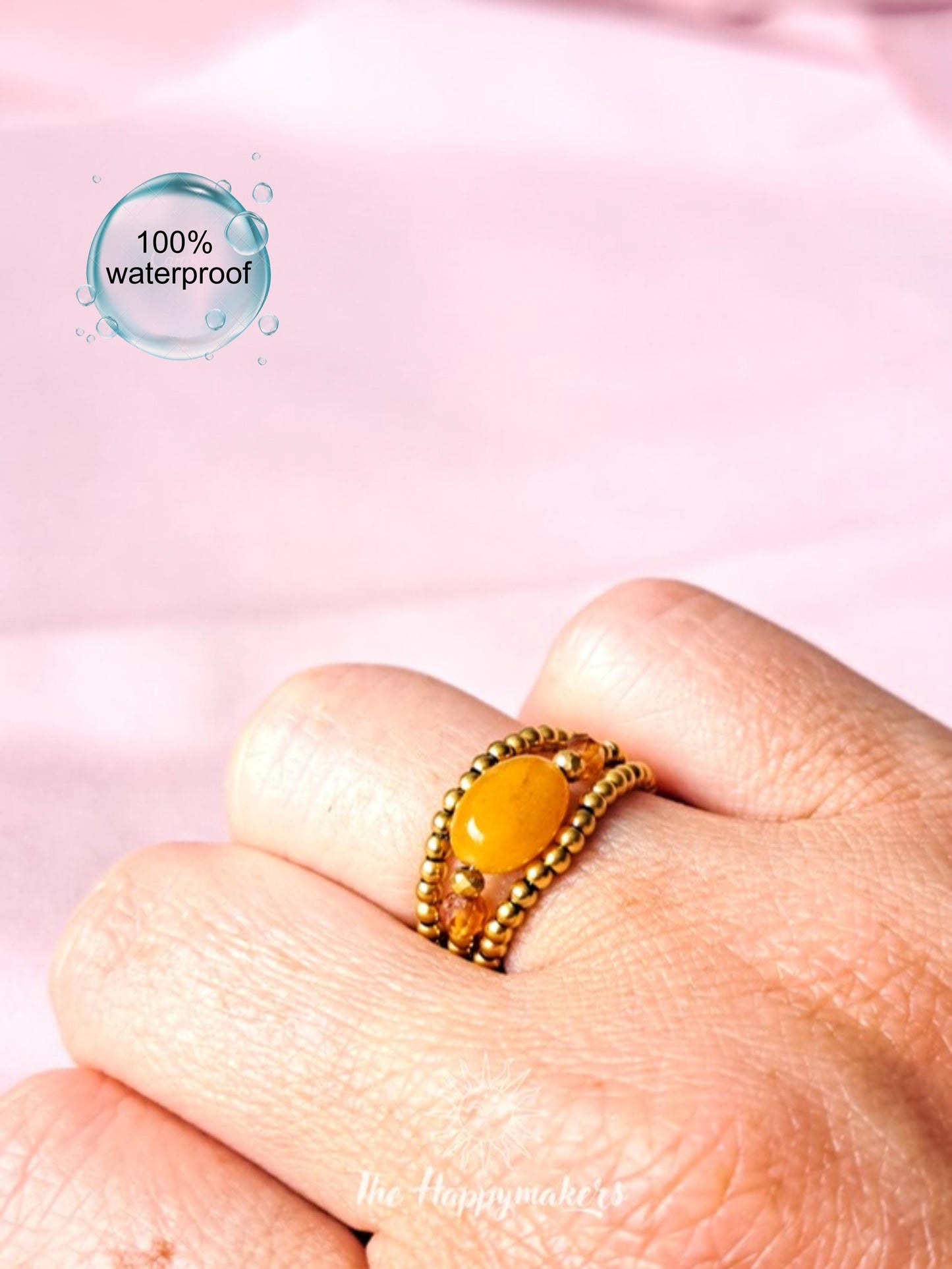 Edelsteen kralen ring, 3 stuks, 2mm stainless steel kralen, elastische ring, 100% waterproof, stapelbare ringen, onesize, boho, goud