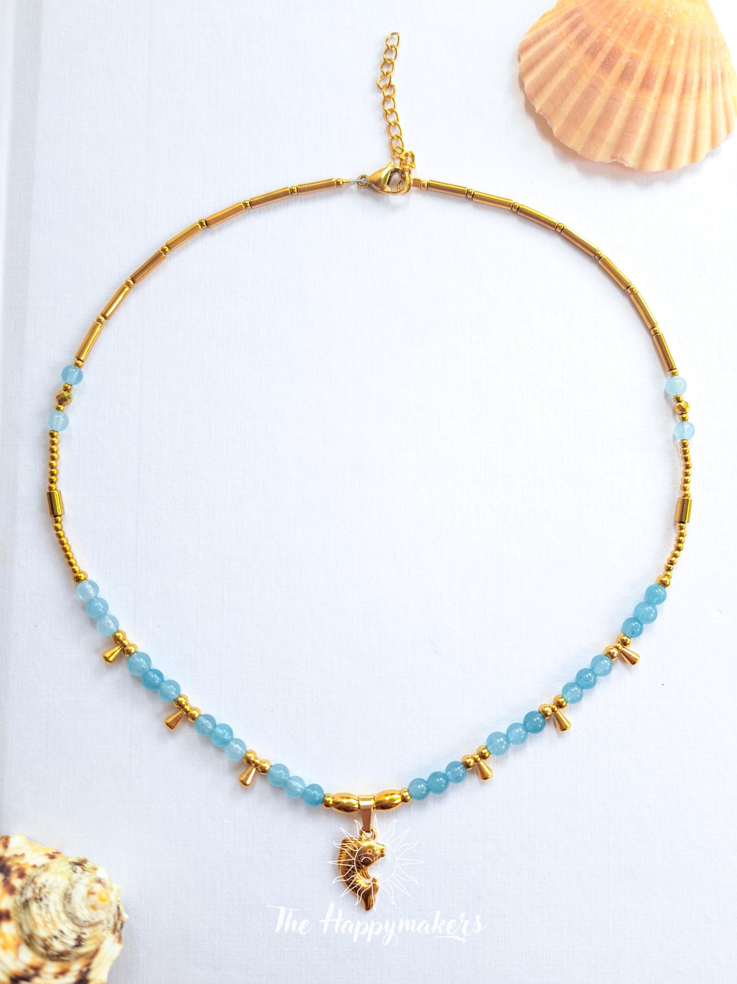 Kralen ketting edelsteen, aquamarijn, waterproof, boho, beach, stainless steel, handgemaakt, vis bedel