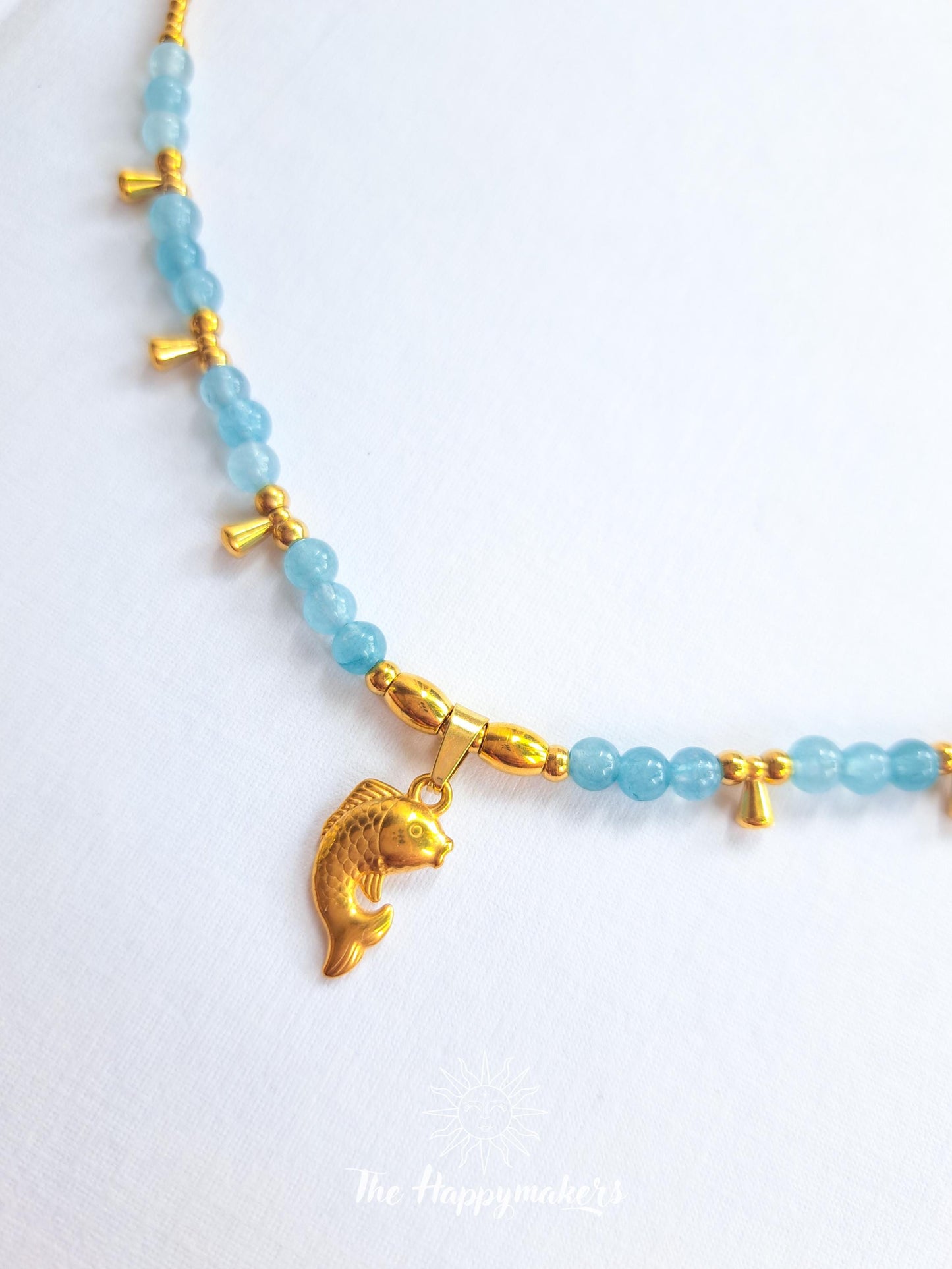 Kralen ketting edelsteen, aquamarijn, waterproof, boho, beach, stainless steel, handgemaakt, vis bedel