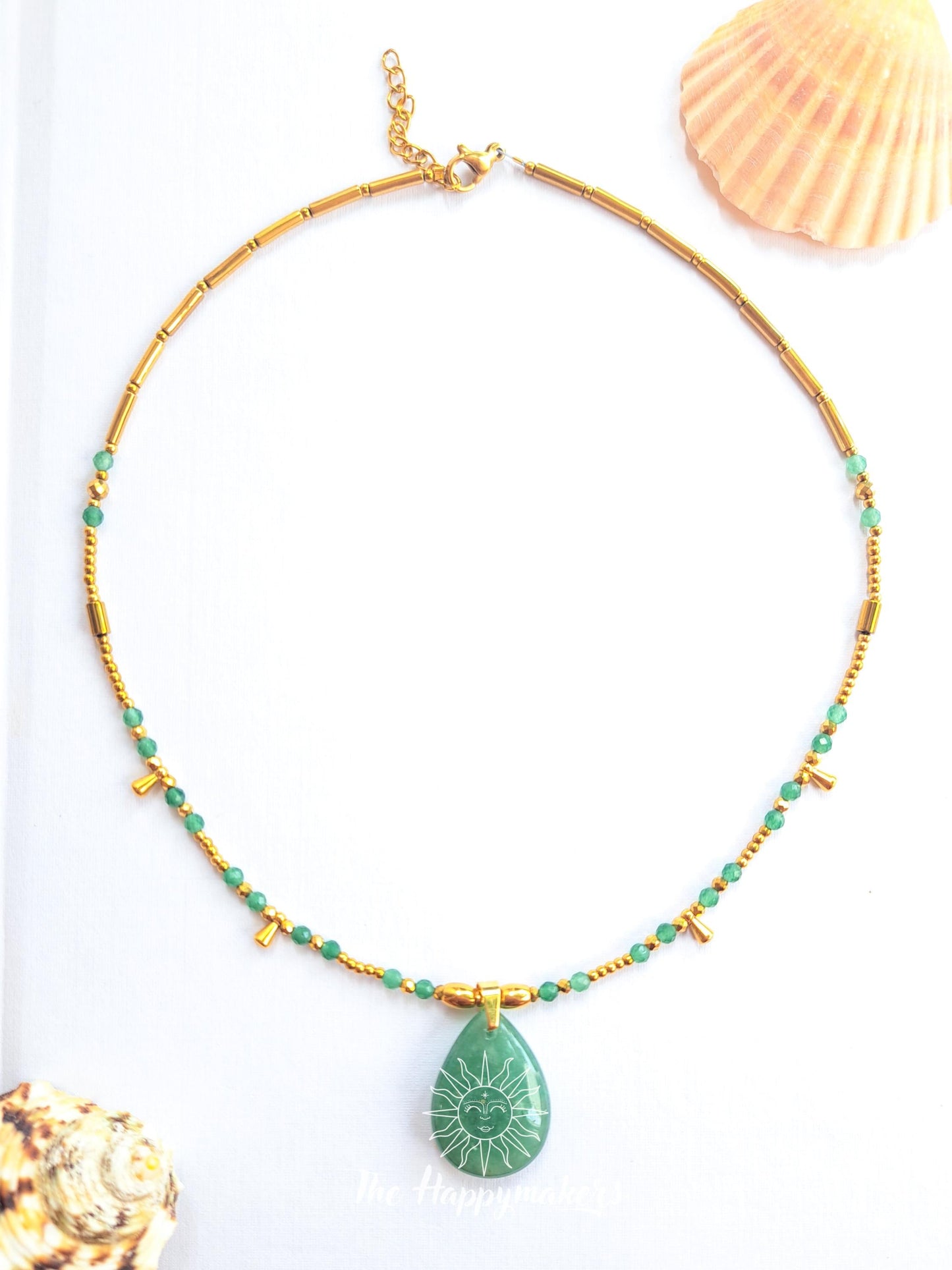 Kralen ketting boho met edelsteen, aventurijn, stainless steel, waterproof, handgemaakt, geschenk met betekenis