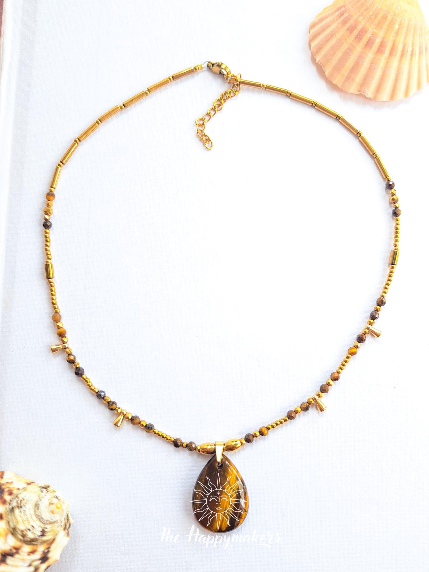 Kralen ketting boho met edelsteen, tijgeroog, stainless steel, waterproof, handgemaakt, zelfvertrouwen, geschenk met betekenis