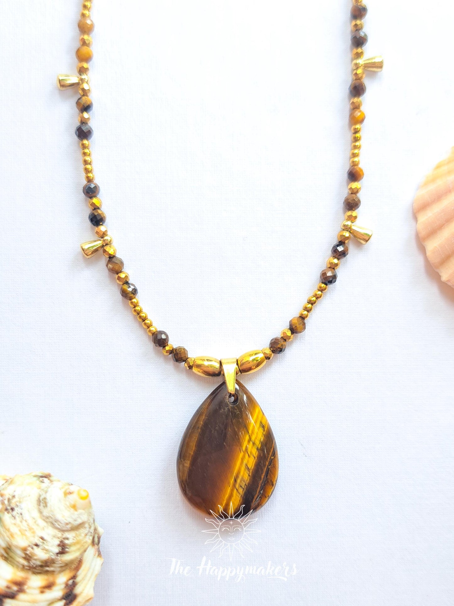 Kralen ketting boho met edelsteen, tijgeroog, stainless steel, waterproof, handgemaakt, zelfvertrouwen, geschenk met betekenis