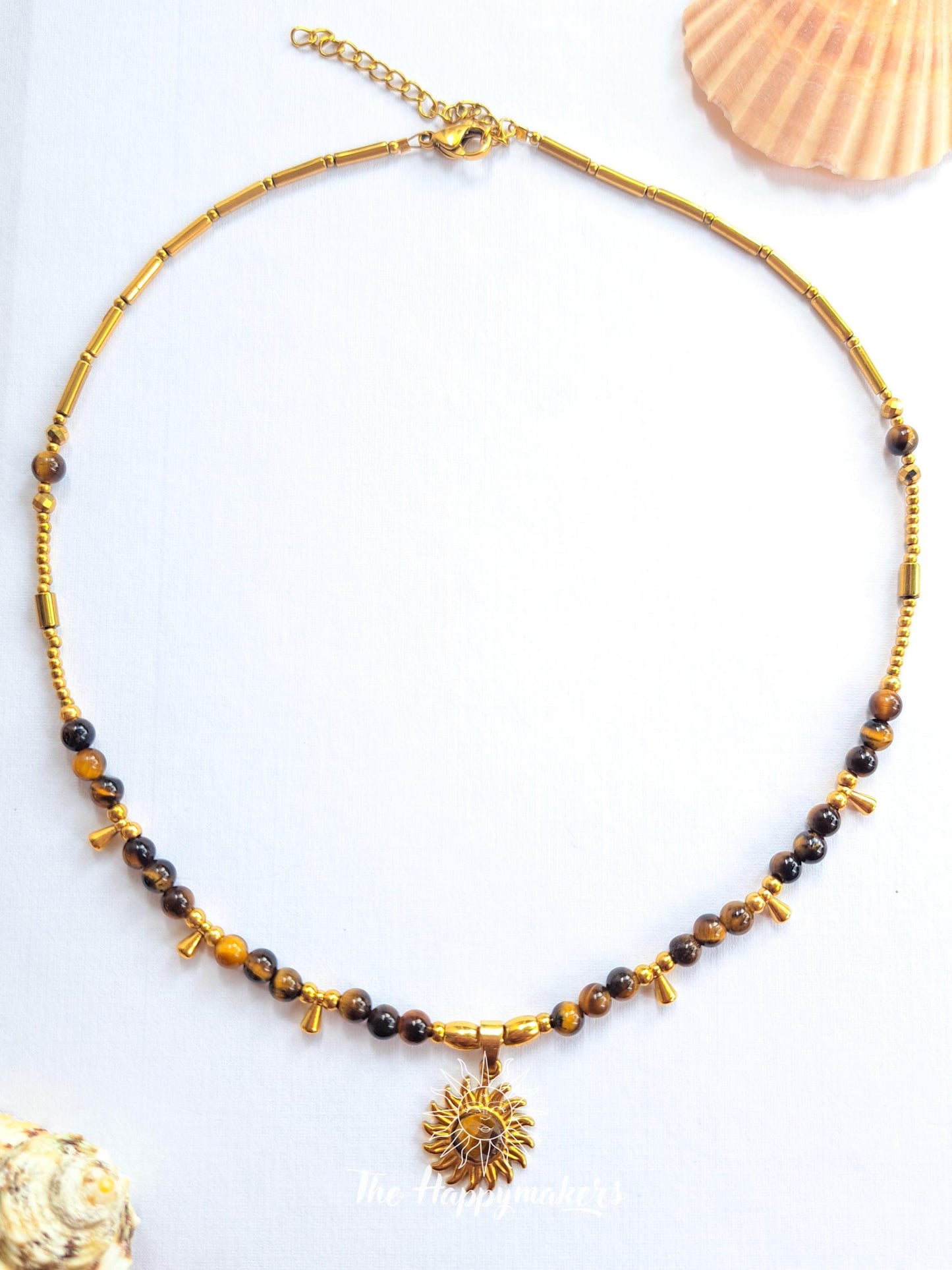 Kralen ketting boho met edelsteen, tijgeroog, stainless steel, waterproof, handgemaakt, zelfvertrouwen, geschenk met betekenis