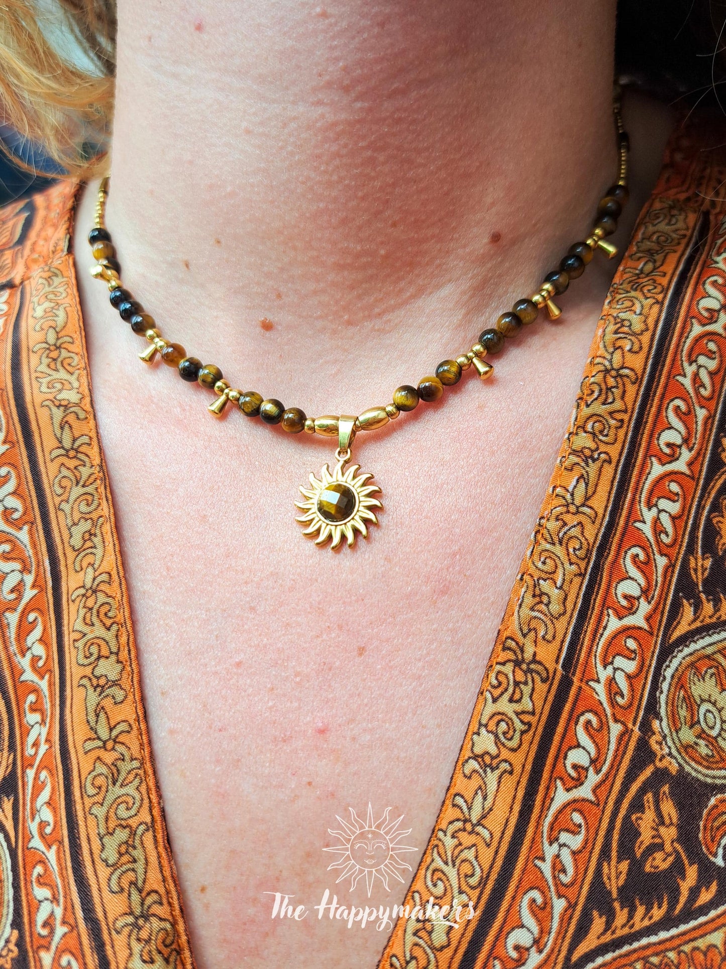 Kralen ketting boho met edelsteen, tijgeroog, stainless steel, waterproof, handgemaakt, zelfvertrouwen, geschenk met betekenis