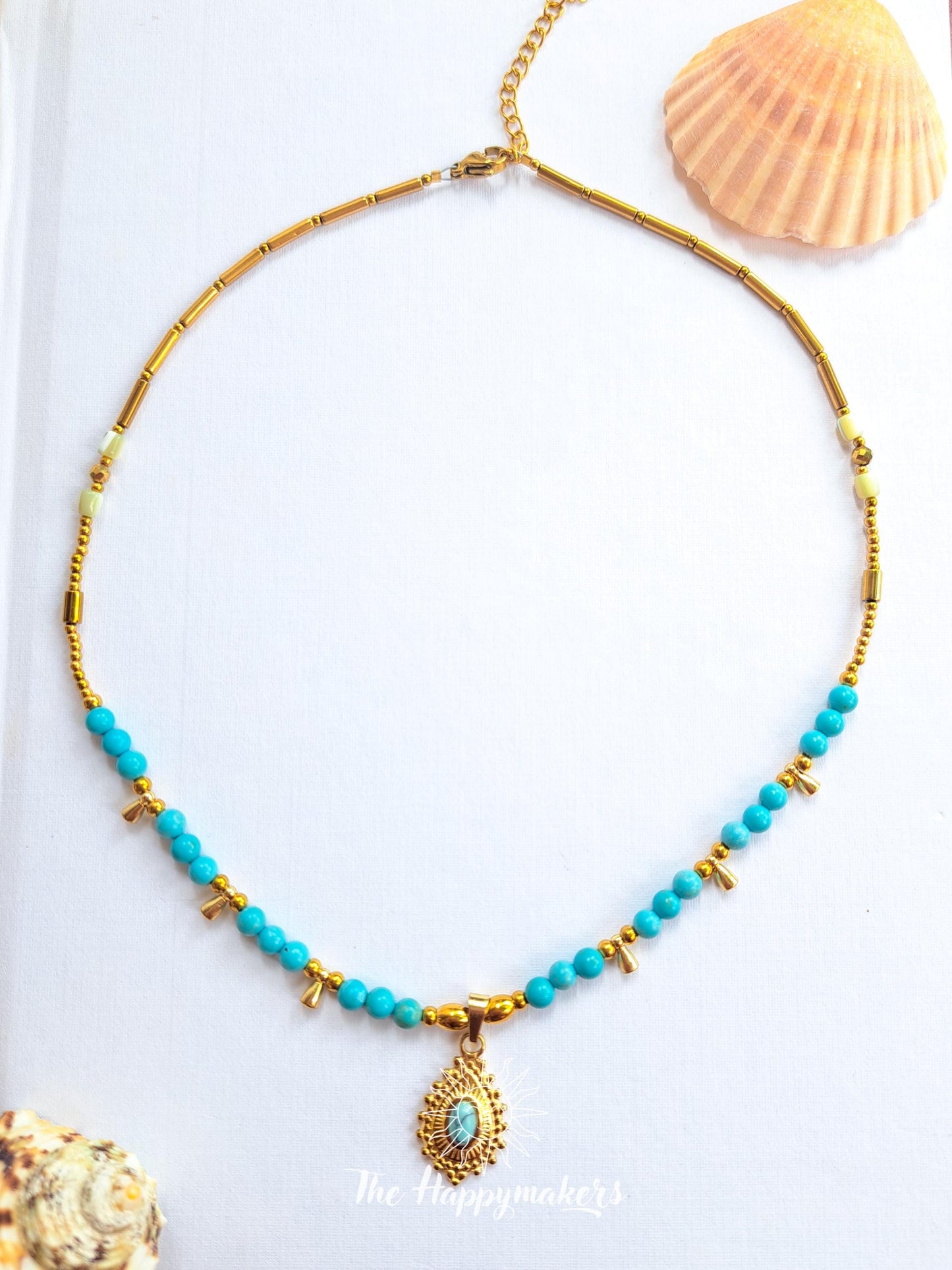 Kralen ketting boho met edelsteen, turkoois, stainless steel, waterproof, handgemaakt, zelfvertrouwen, geschenk met betekenis