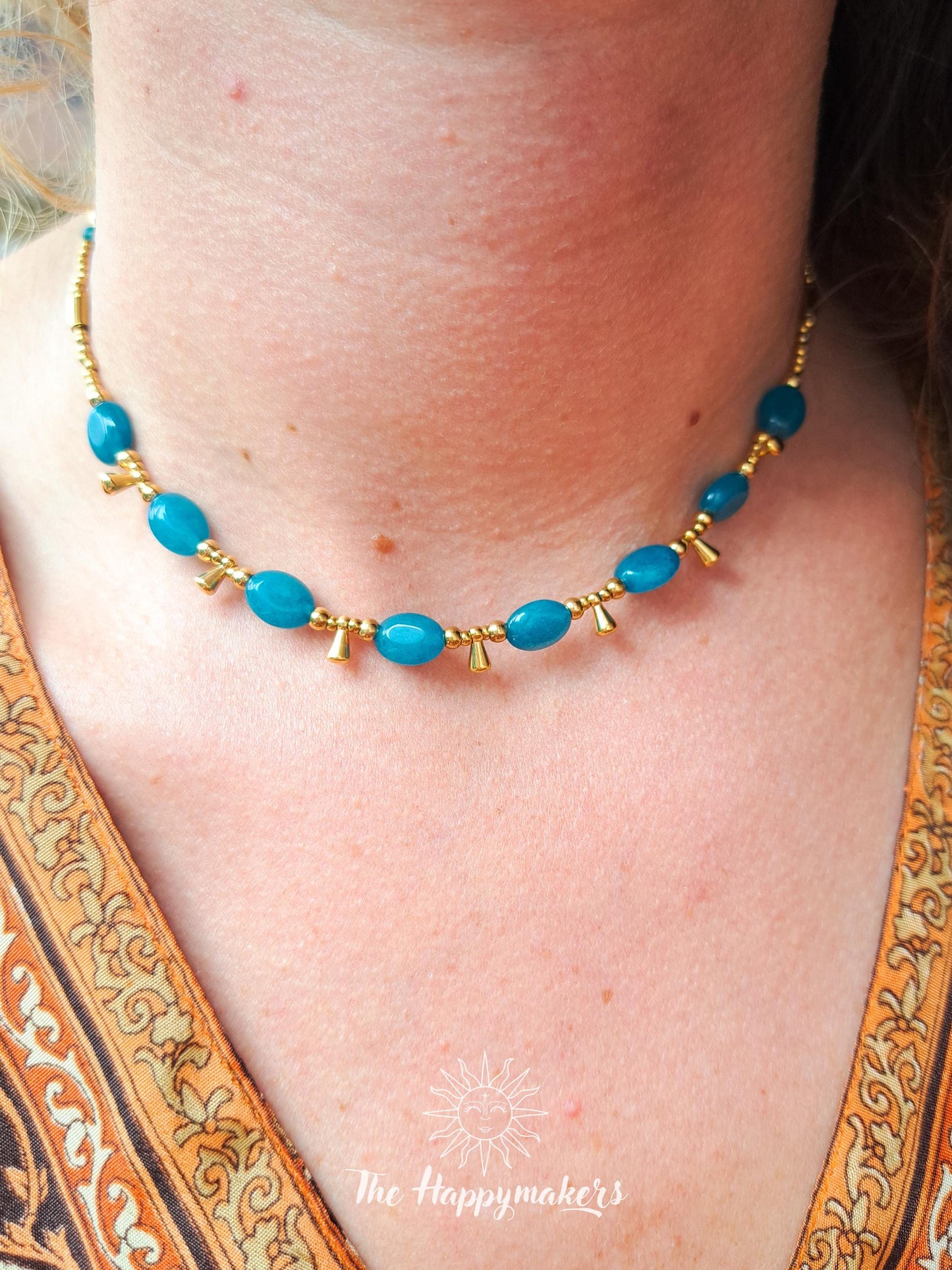 Kralen ketting boho met edelsteen, apatiet, stainless steel, waterproof, handgemaakt, zelfvertrouwen, geschenk met betekenis