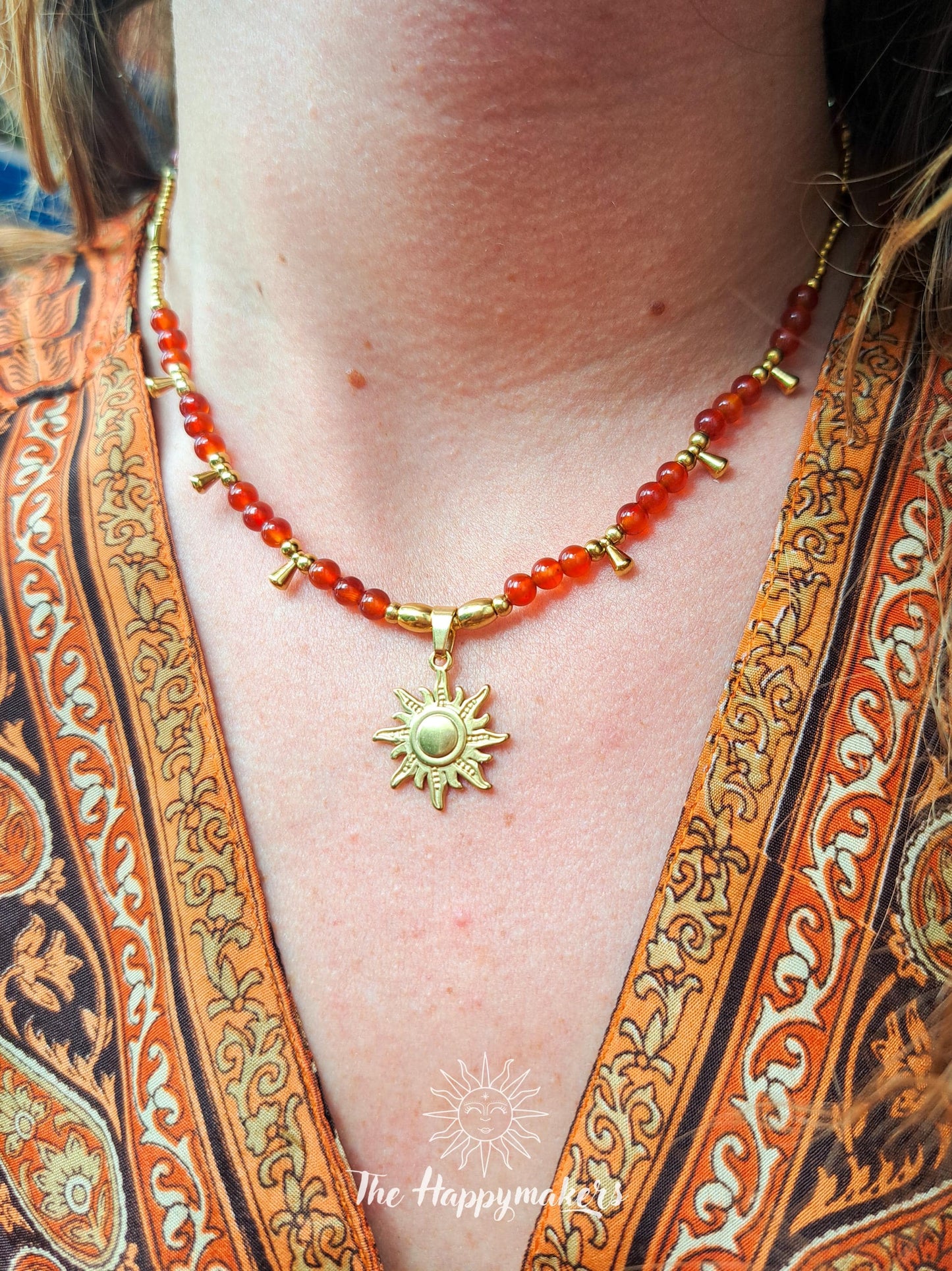 Kralen ketting boho met edelsteen, carneool, stainless steel, waterproof, handgemaakt, zelfvertrouwen, geschenk met betekenis