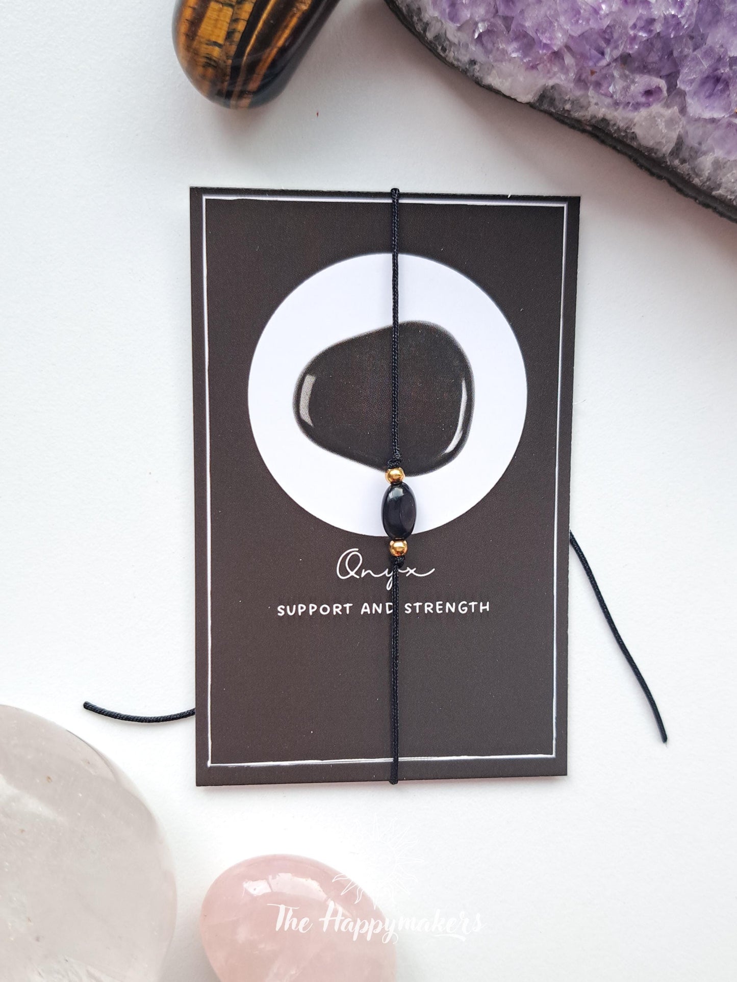 Wensarmbandje edelsteen, onyx, kraal, macramé armband, stainless steel, cadeaugeschenk, zakelijk geschenk, minimalistisch