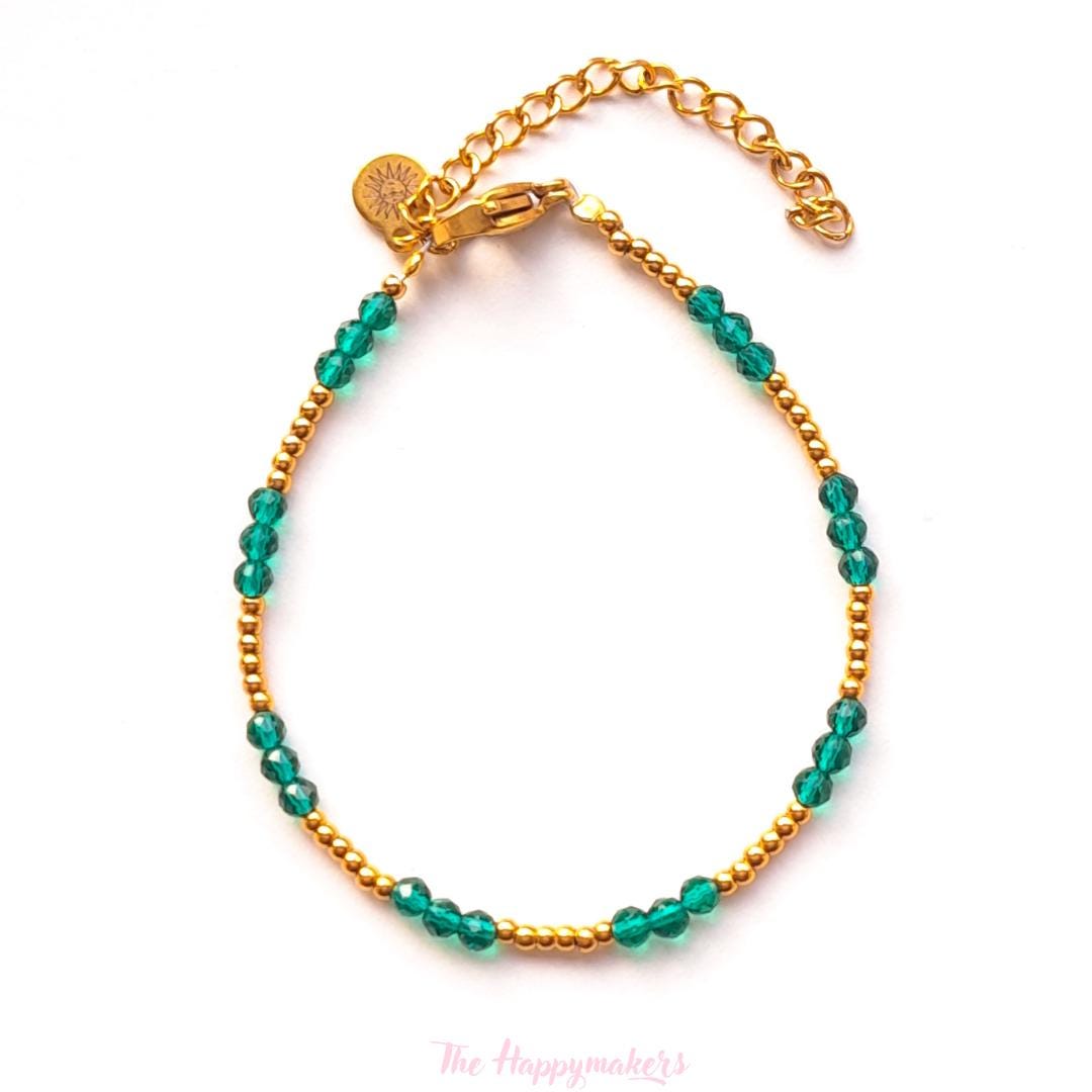 Kralen armband boho stainless steel, handgemaakt, 100% waterproof, goudkleurig, basics, zirkoon steen, groen