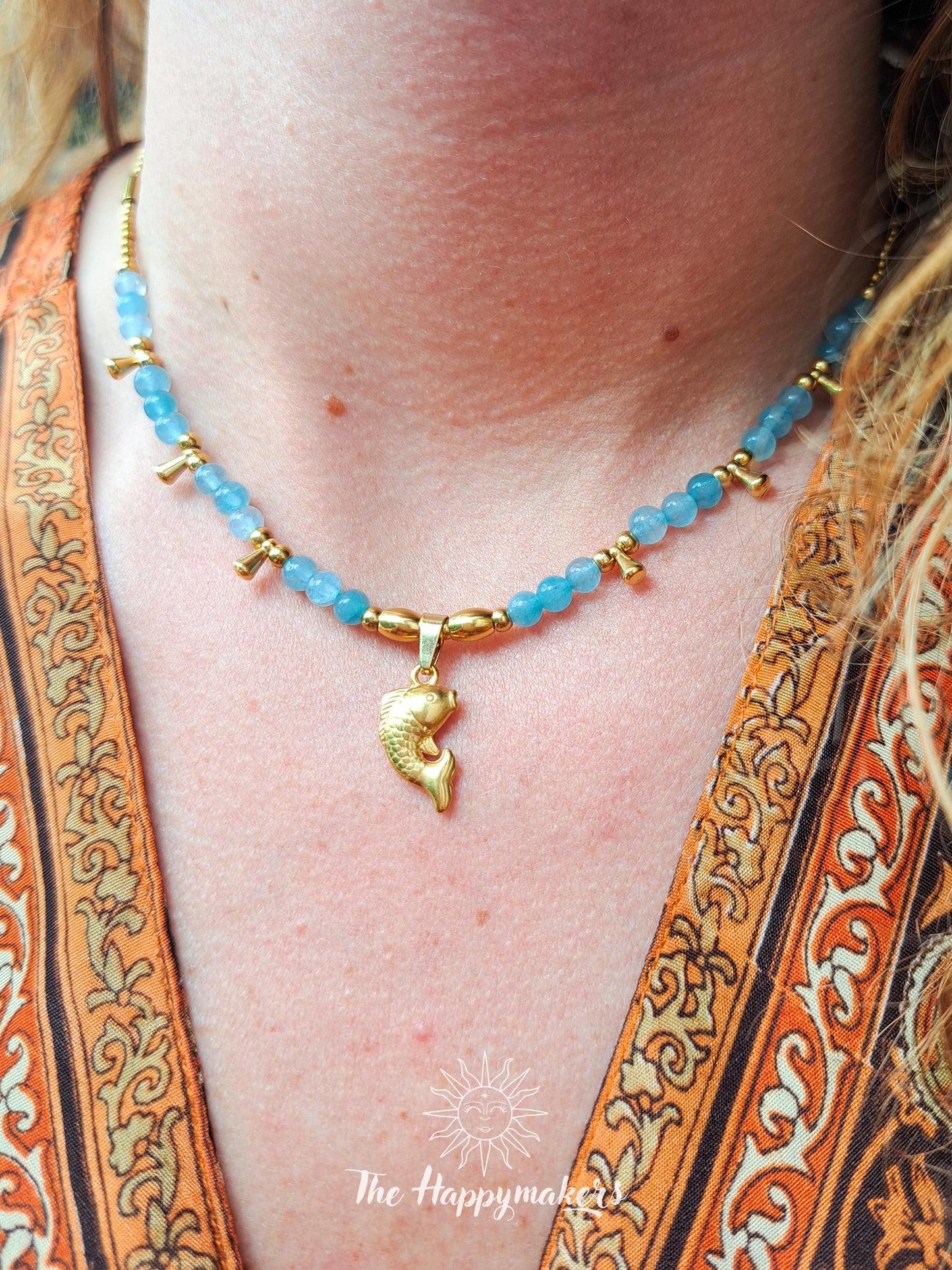 Kralen ketting edelsteen, aquamarijn, waterproof, boho, beach, stainless steel, handgemaakt, vis bedel