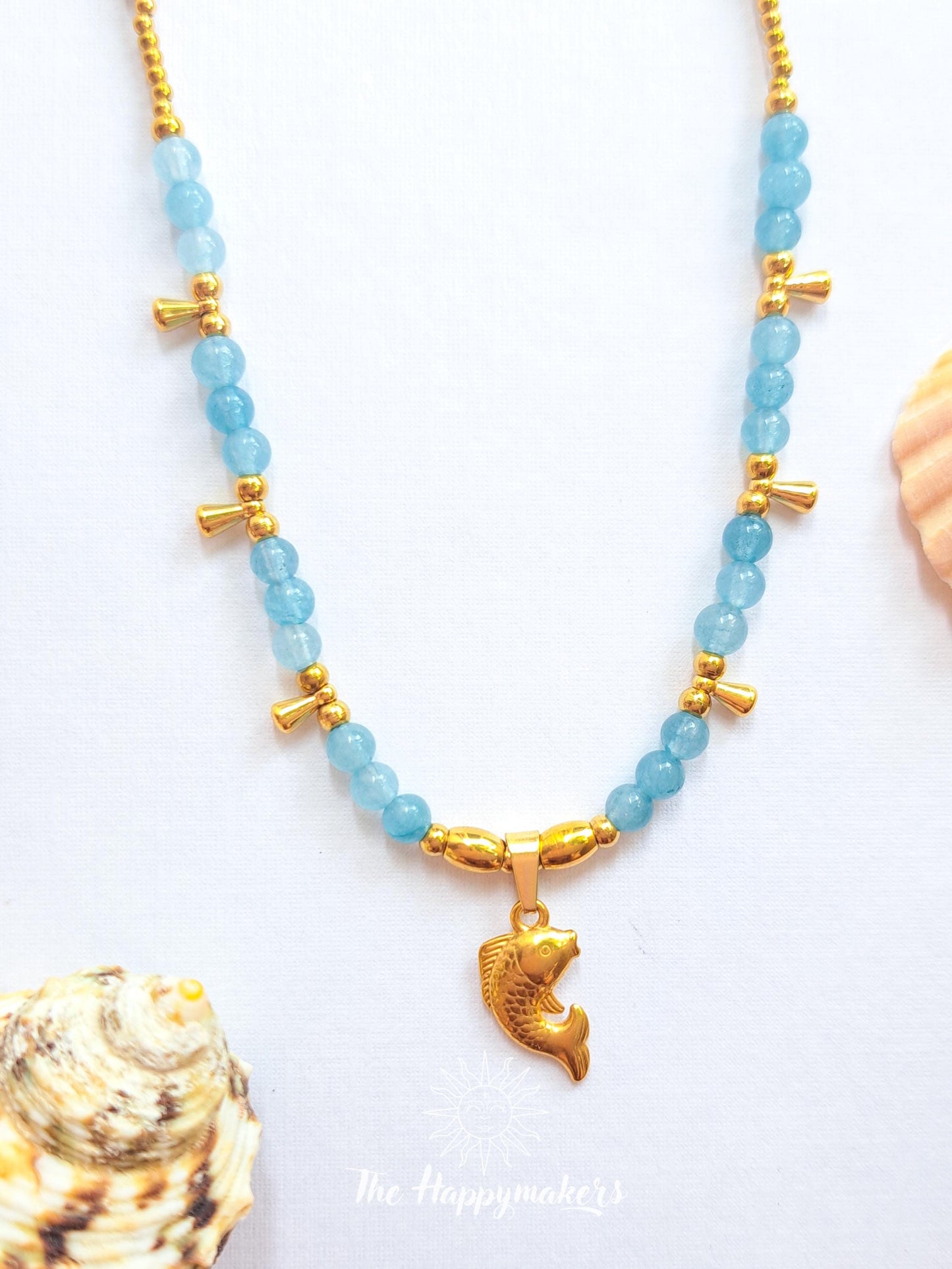 Kralen ketting edelsteen, aquamarijn, waterproof, boho, beach, stainless steel, handgemaakt, vis bedel
