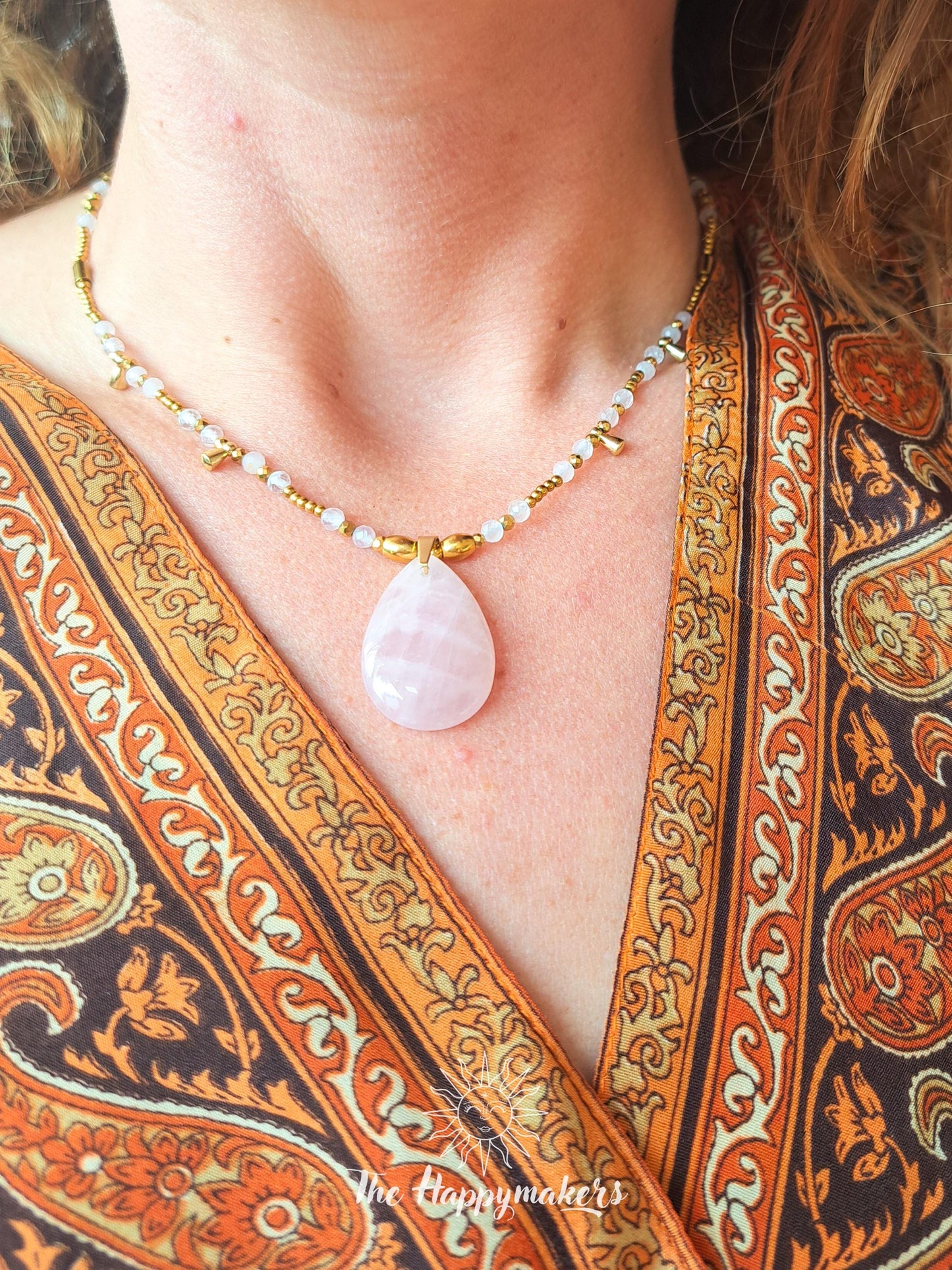 Kralen ketting boho met edelsteen, rozenkwarts, stainless steel, waterproof, handgemaakt, steen van de liefde, liefdescadeau, valentijn