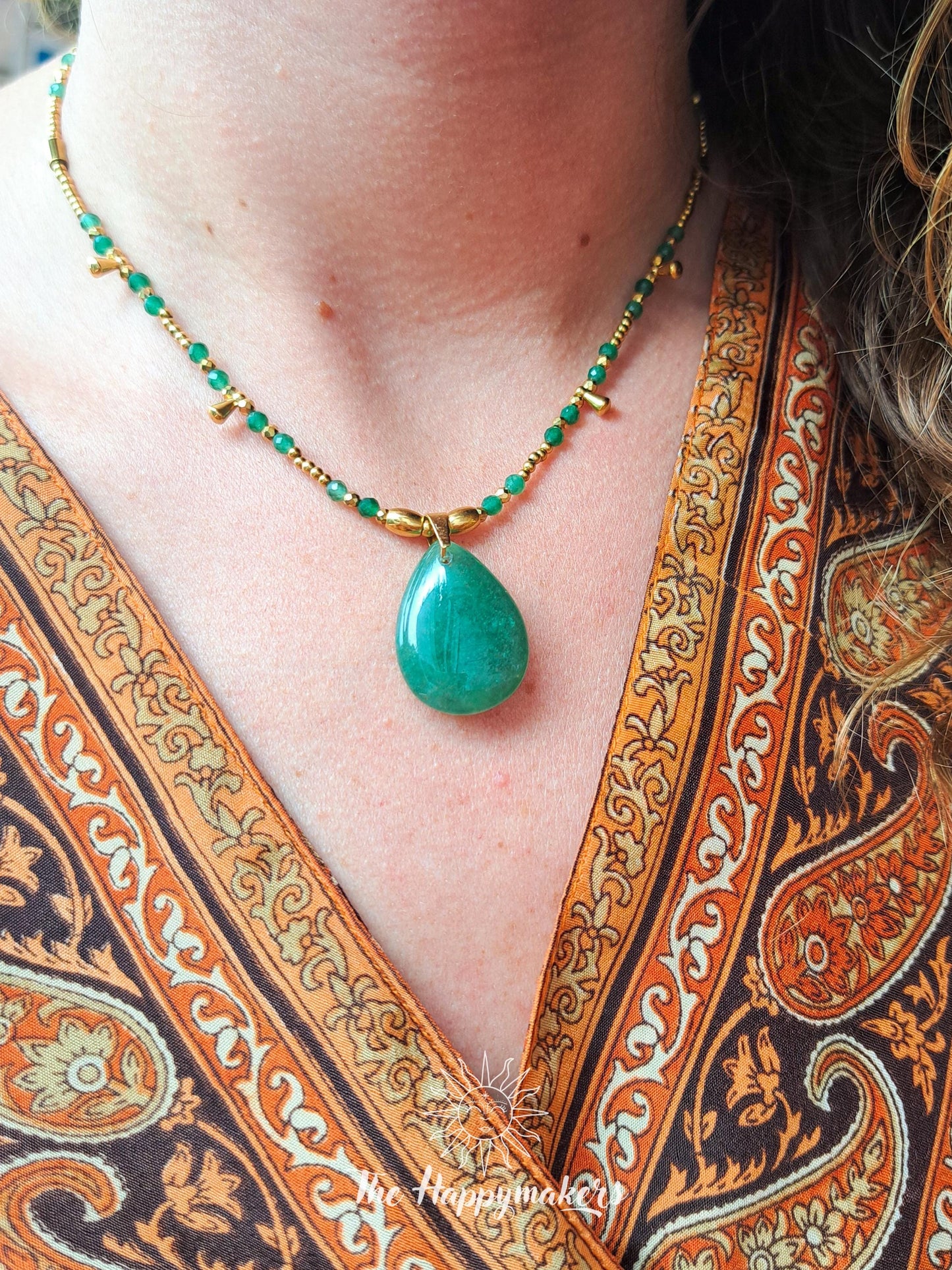 Kralen ketting boho met edelsteen, aventurijn, stainless steel, waterproof, handgemaakt, geschenk met betekenis