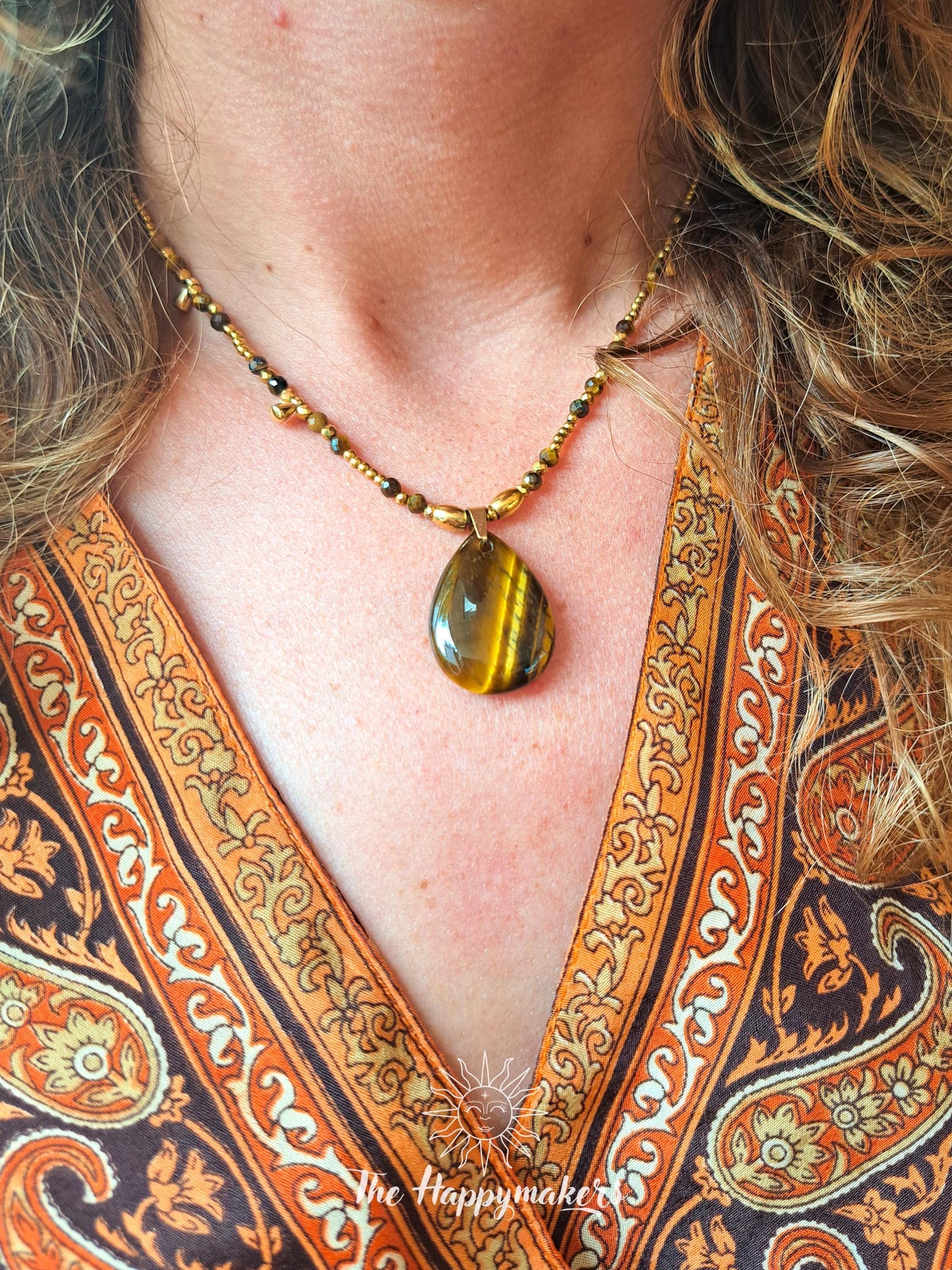 Kralen ketting boho met edelsteen, tijgeroog, stainless steel, waterproof, handgemaakt, zelfvertrouwen, geschenk met betekenis
