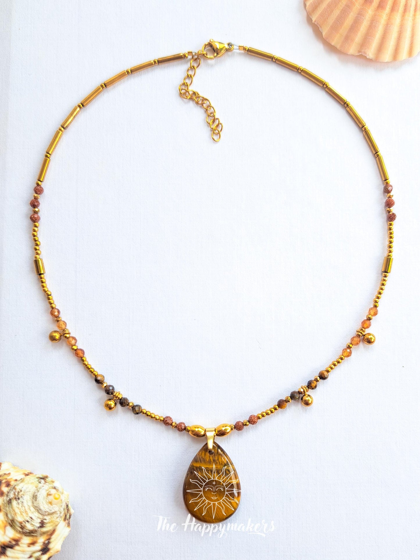 Kralen ketting boho met edelsteen, tijgeroog, stainless steel, waterproof, handgemaakt, zelfvertrouwen, geschenk met betekenis
