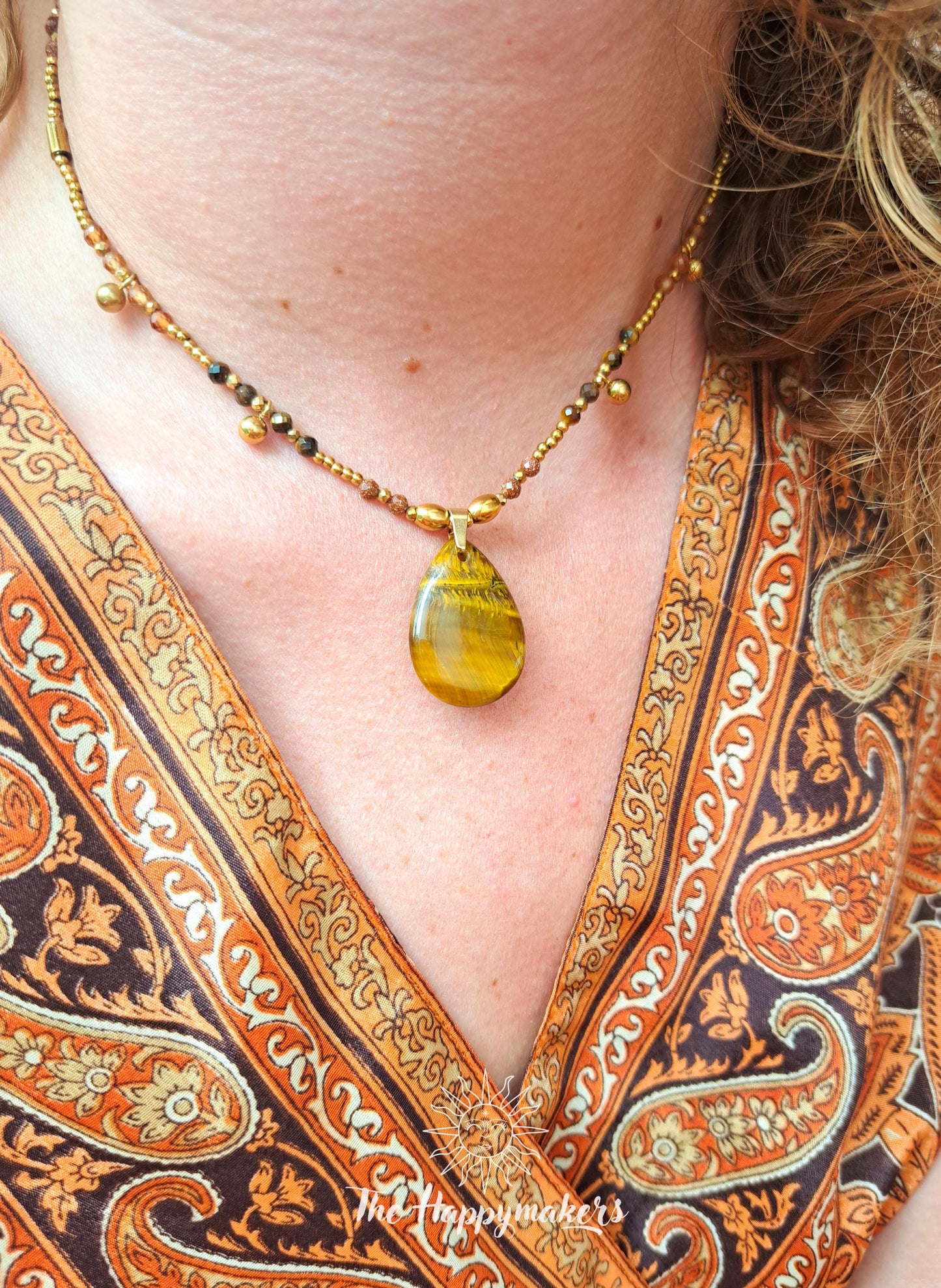 Kralen ketting boho met edelsteen, tijgeroog, stainless steel, waterproof, handgemaakt, zelfvertrouwen, geschenk met betekenis