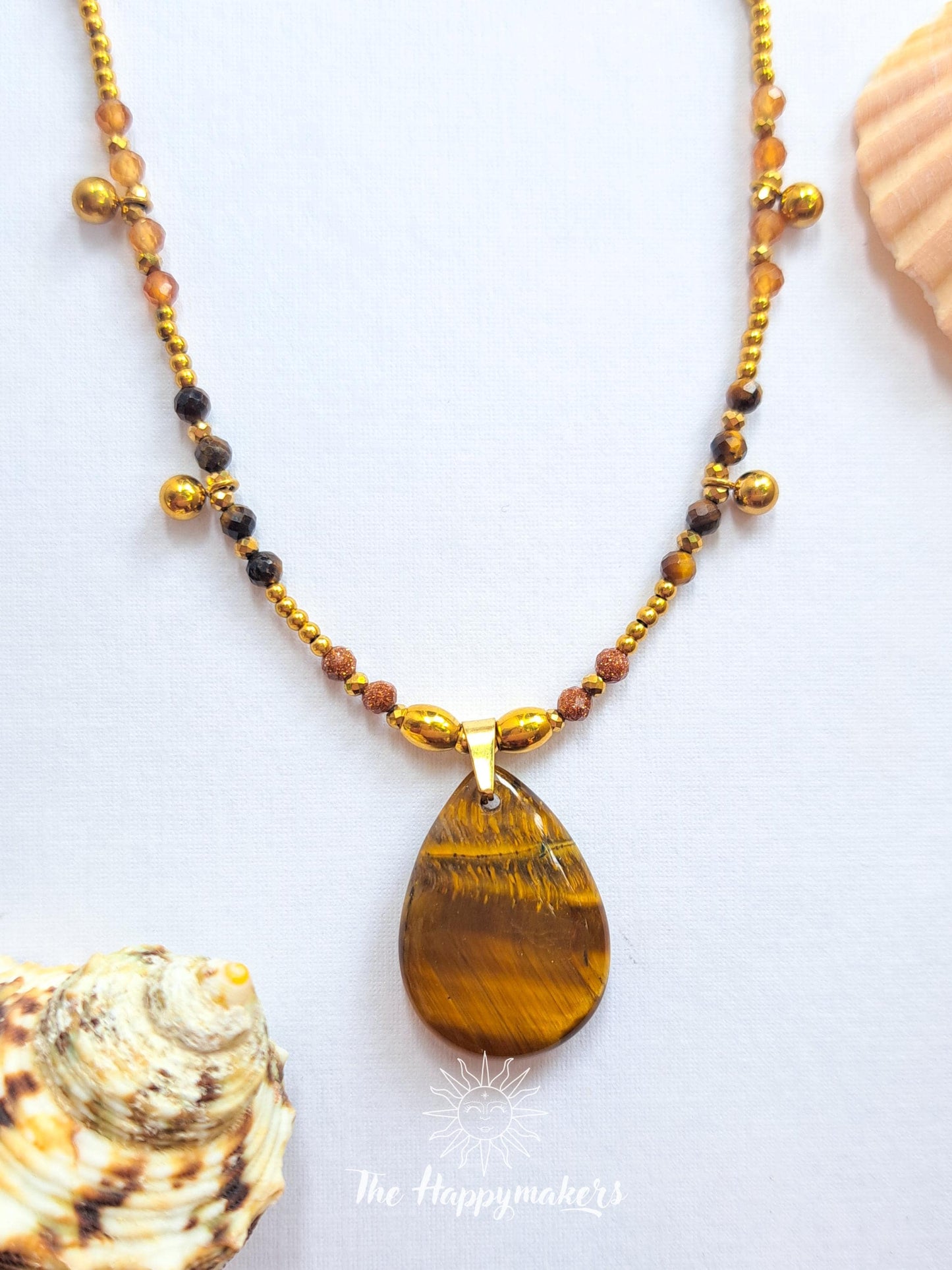 Kralen ketting boho met edelsteen, tijgeroog, stainless steel, waterproof, handgemaakt, zelfvertrouwen, geschenk met betekenis