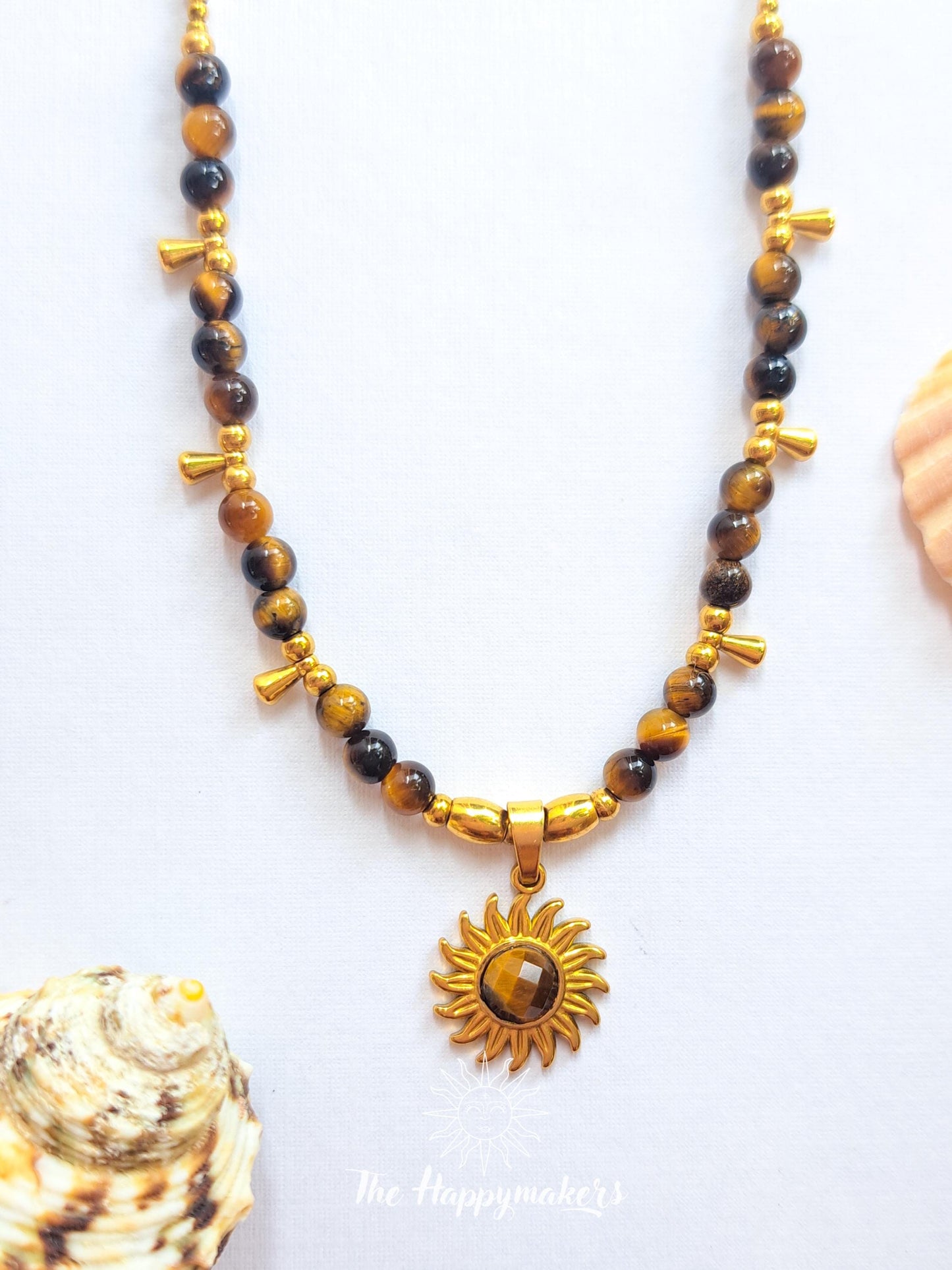Kralen ketting boho met edelsteen, tijgeroog, stainless steel, waterproof, handgemaakt, zelfvertrouwen, geschenk met betekenis