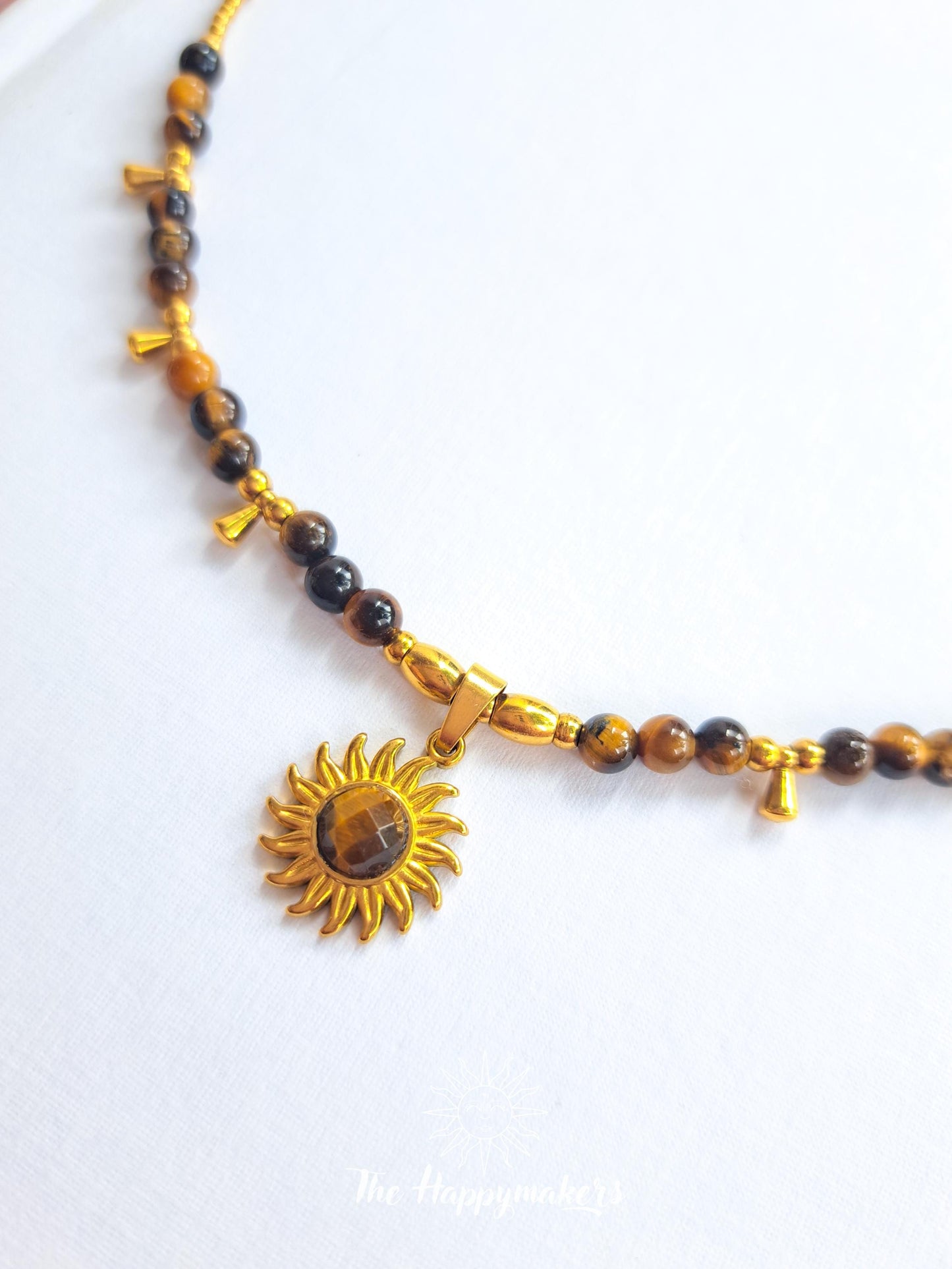 Kralen ketting boho met edelsteen, tijgeroog, stainless steel, waterproof, handgemaakt, zelfvertrouwen, geschenk met betekenis