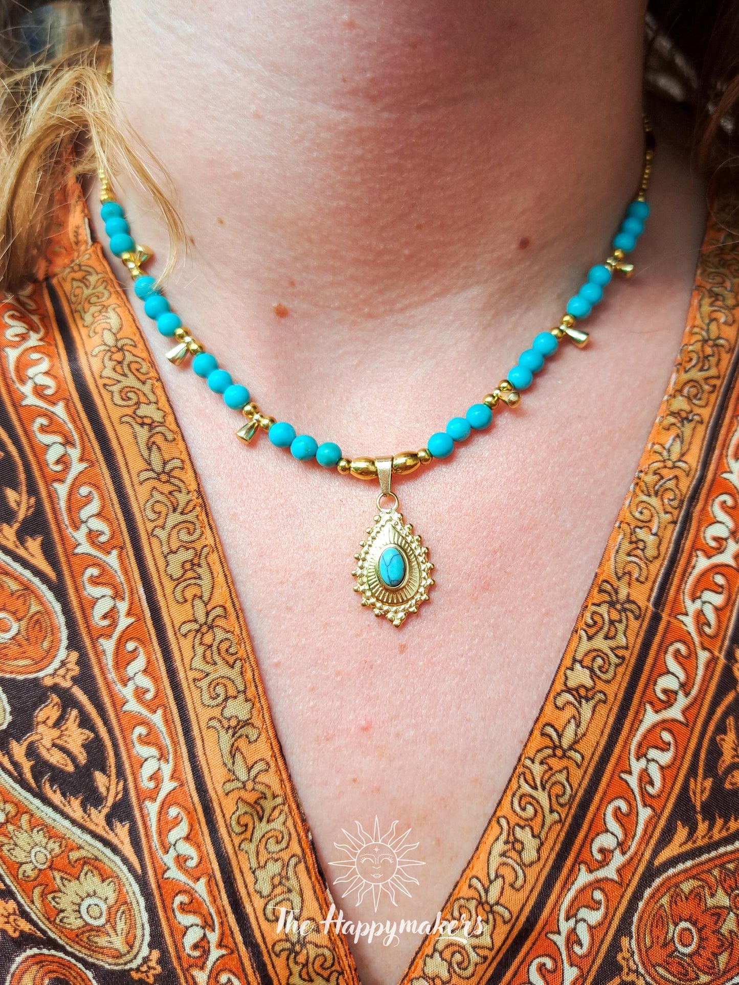 Kralen ketting boho met edelsteen, turkoois, stainless steel, waterproof, handgemaakt, zelfvertrouwen, geschenk met betekenis