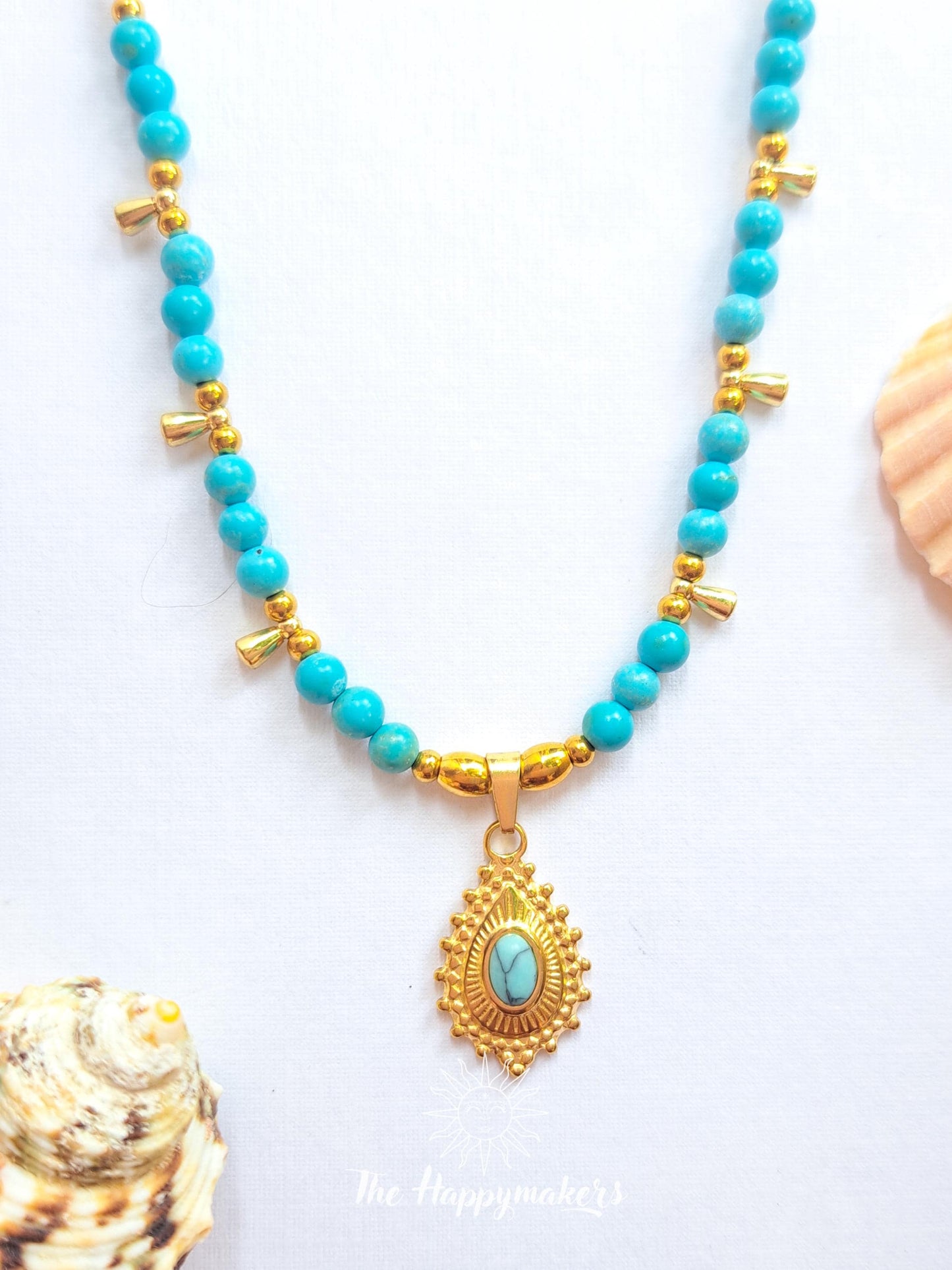 Kralen ketting boho met edelsteen, turkoois, stainless steel, waterproof, handgemaakt, zelfvertrouwen, geschenk met betekenis
