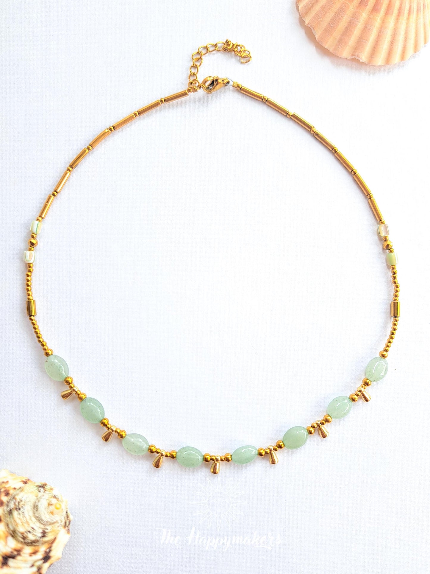 Kralen ketting boho met edelsteen, aventurijn, stainless steel, waterproof, handgemaakt, geschenk met betekenis