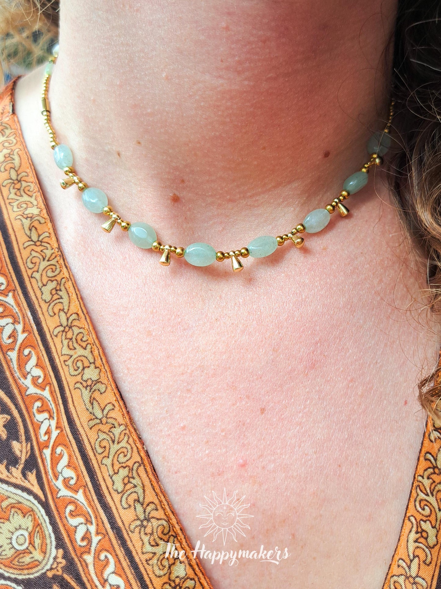Kralen ketting boho met edelsteen, aventurijn, stainless steel, waterproof, handgemaakt, geschenk met betekenis
