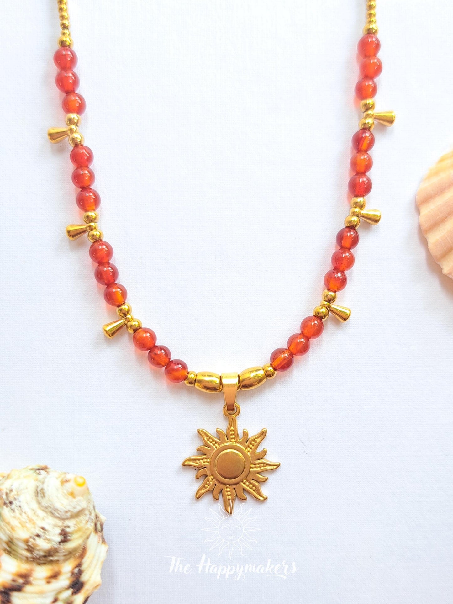 Kralen ketting boho met edelsteen, carneool, stainless steel, waterproof, handgemaakt, zelfvertrouwen, geschenk met betekenis