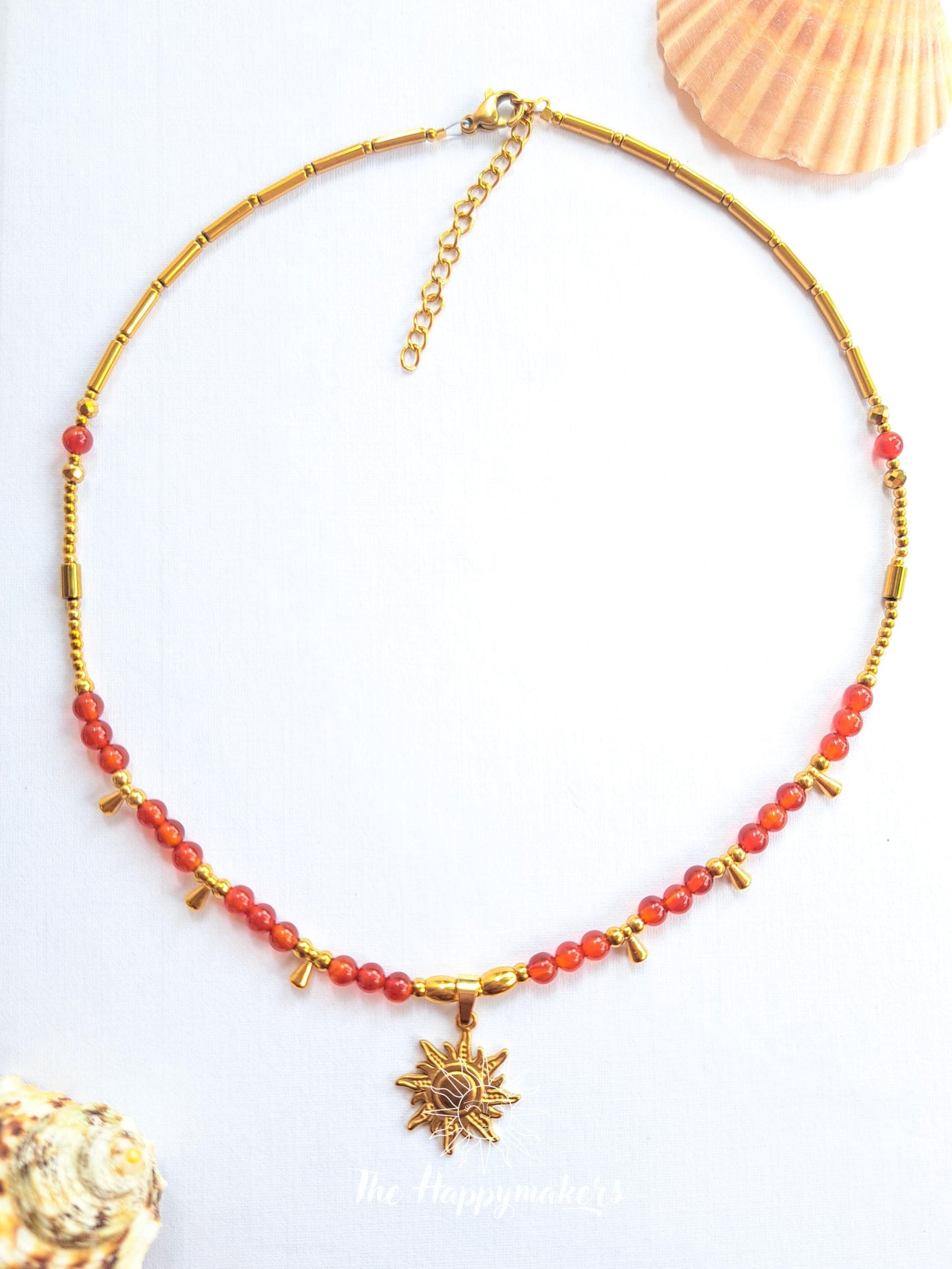 Kralen ketting boho met edelsteen, carneool, stainless steel, waterproof, handgemaakt, zelfvertrouwen, geschenk met betekenis