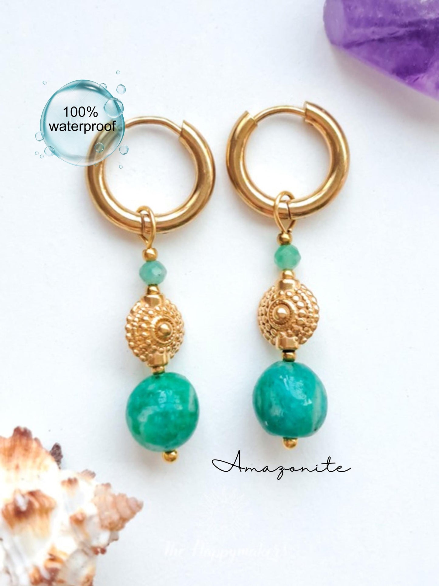 Edelsteen oorbellen, stainless steel, amazoniet, 100% waterproof, little hoops, bedeloorbellen, handgemaakt