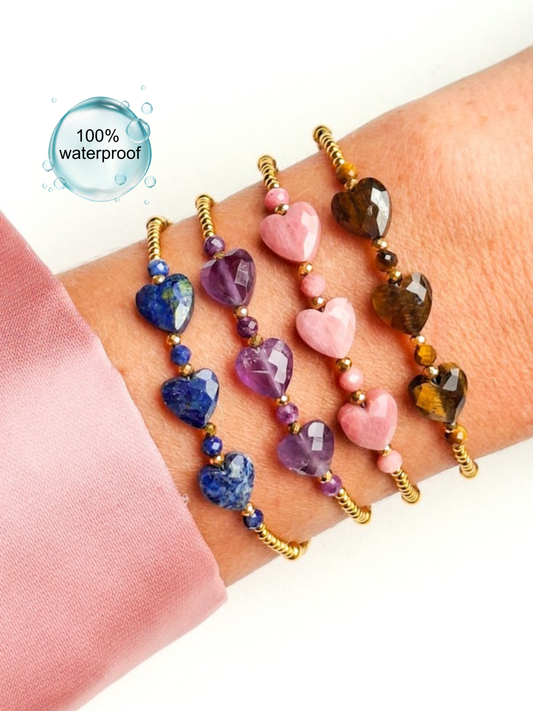 Armband edelsteen, verschillende soorten edelsteen, handgemaakt, boho, stainless steel, 100% waterproof, goudkleurig (kopie)