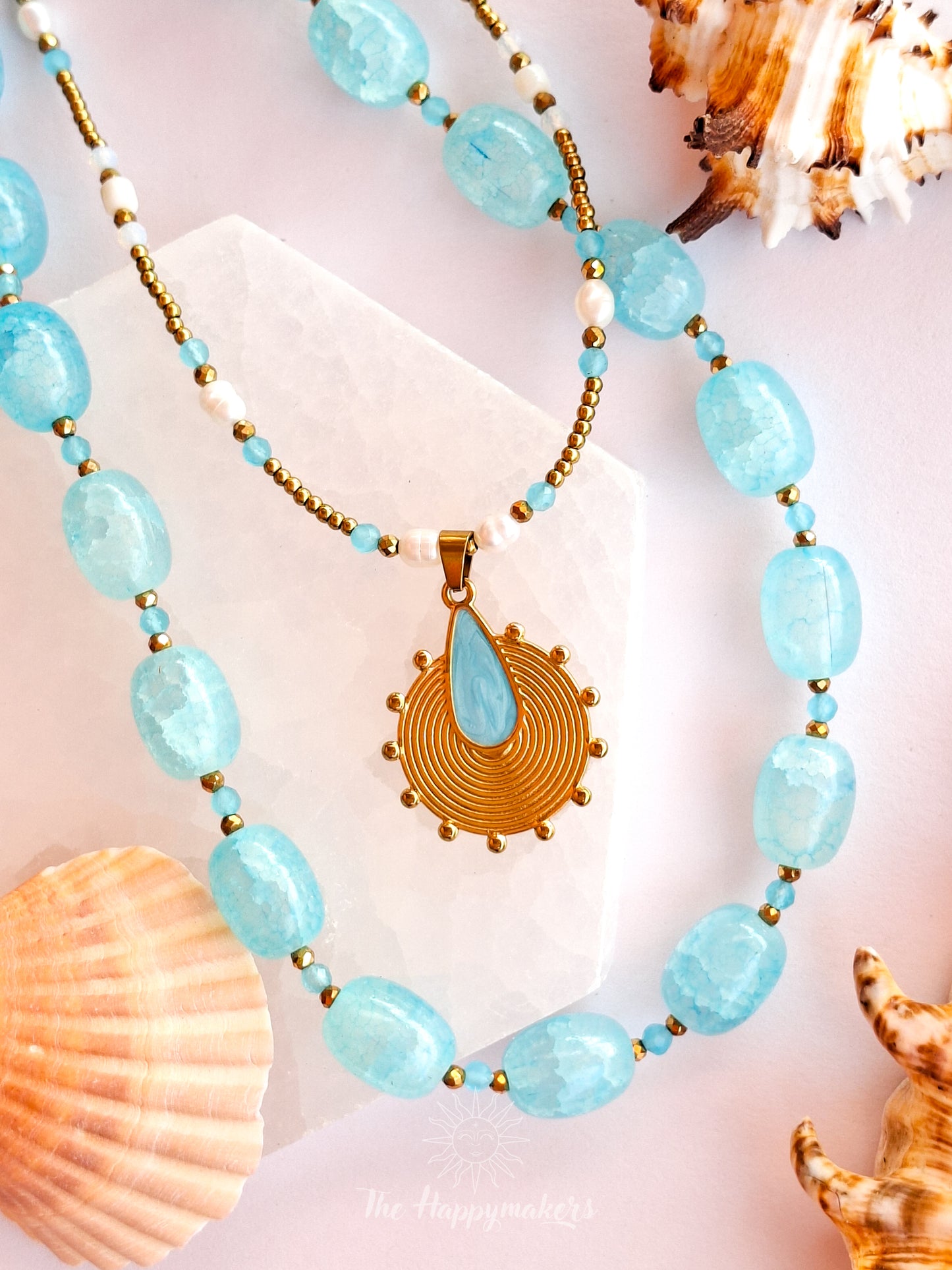 One of a kind sea blue glass bead necklace