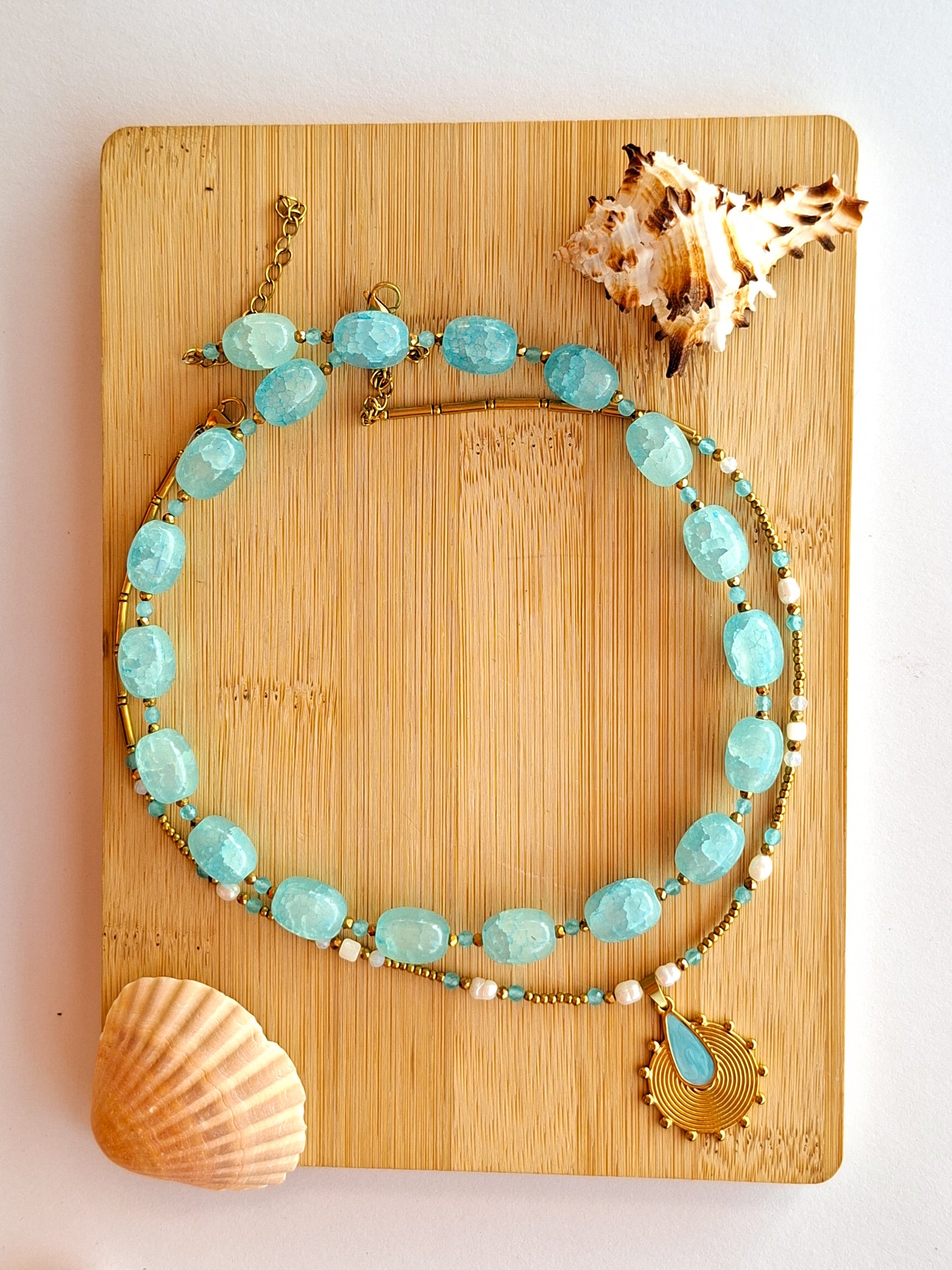 One of a kind sea blue glass bead necklace