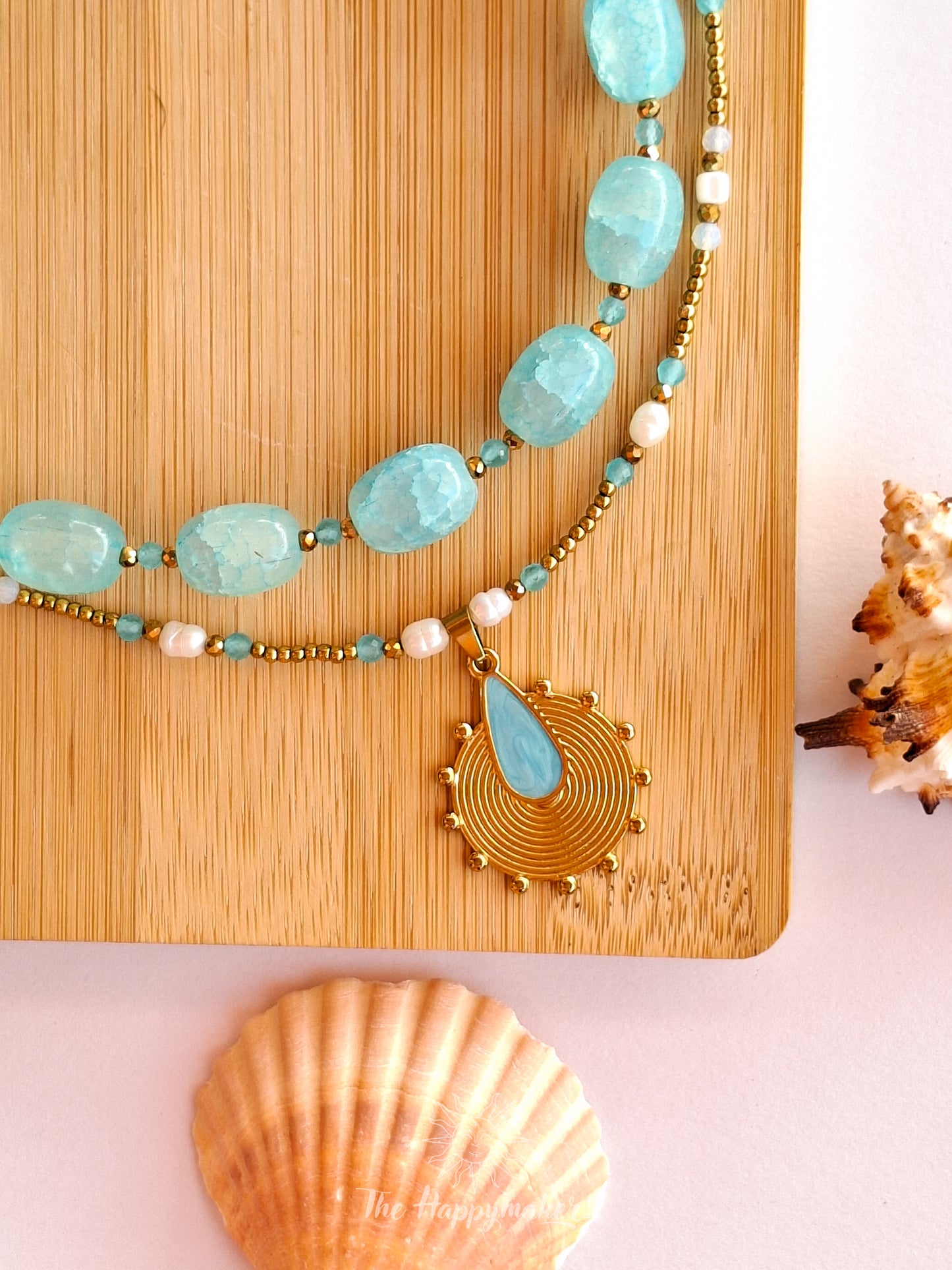 One of a kind sea blue glass bead necklace