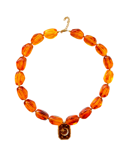 Vintage moon amber beads & charm necklace