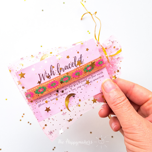 Wensarmband lint, bloemen, bohemian, bruin