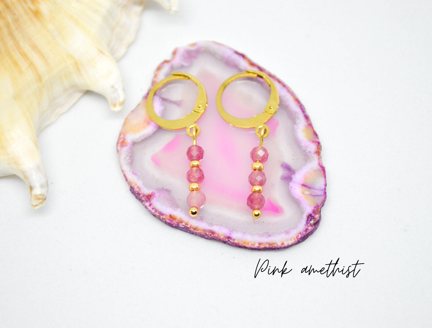 Oorbellen stainless steel, edelsteen pink amethist, bedeloorbellen, 100% waterproof, handgemaakt, ringoorbellen, goud of zilver
