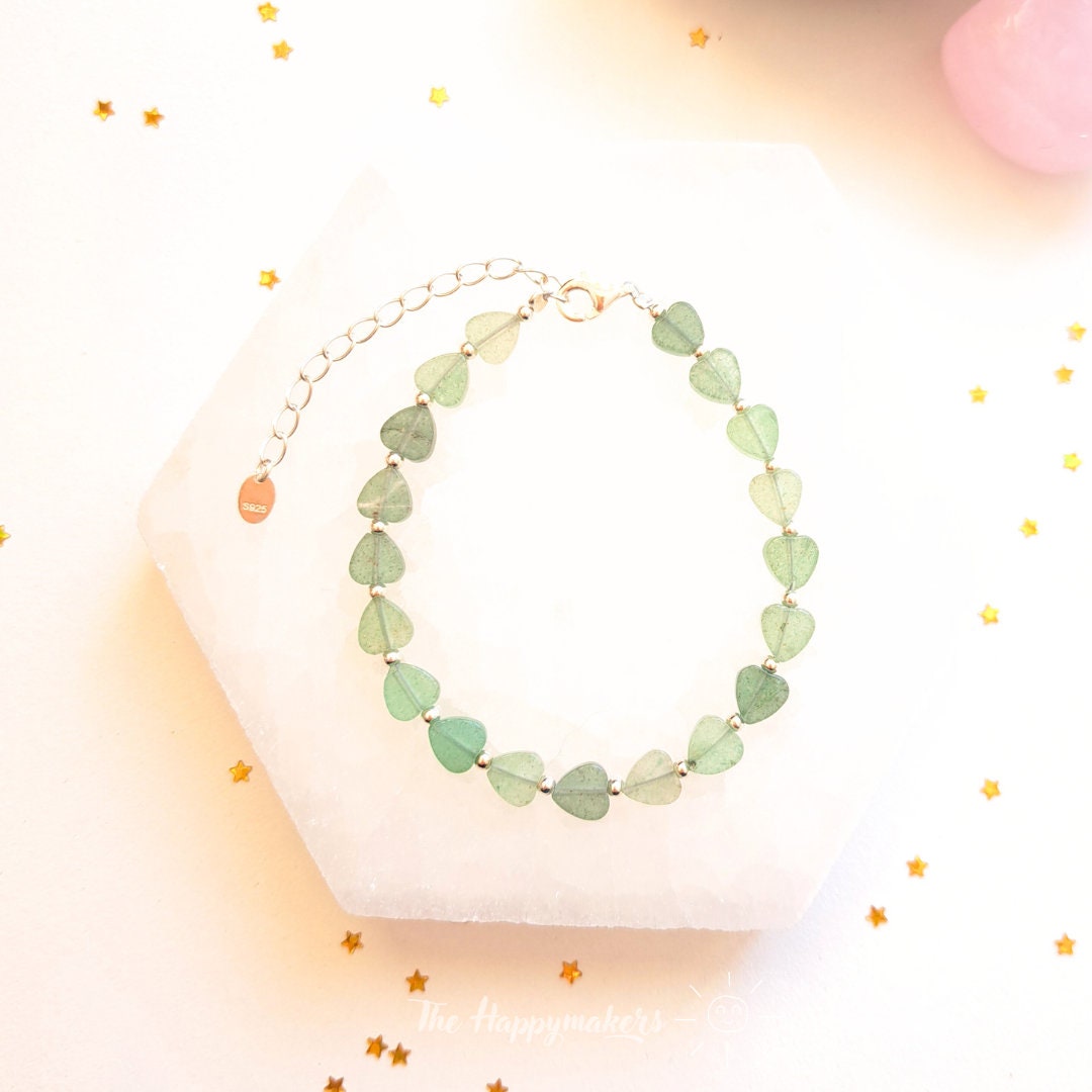 Kralen armband boho 925 sterling zilver, handgemaakt, 100% waterproof, aventurijn, hartjes, persoonlijke ontwikkeling